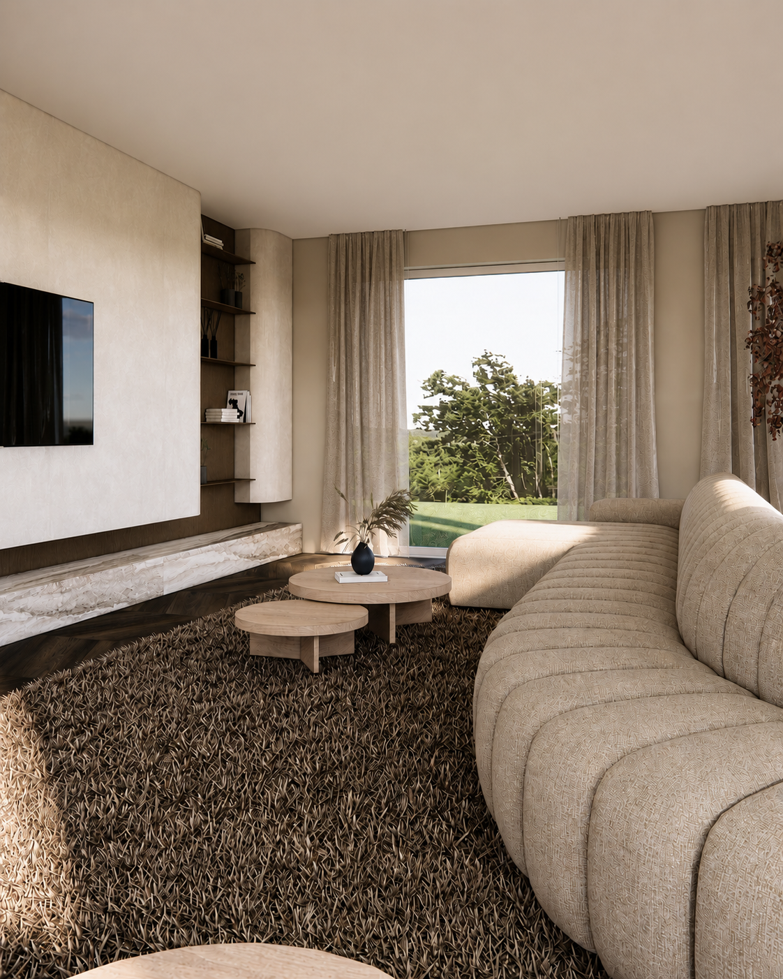 3D visualisatie van een moderne woonkamer met beige tinten, hout en maatwerk