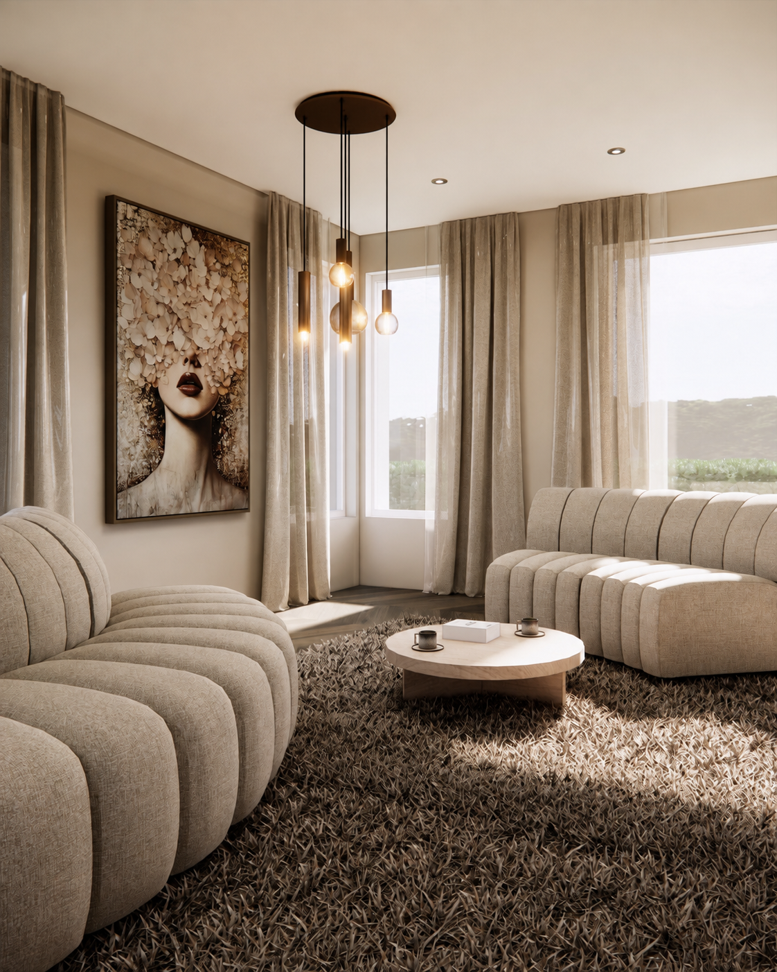3D visualisatie van een sfeervolle woonkamer met een gebogen beige bank en warme tinten