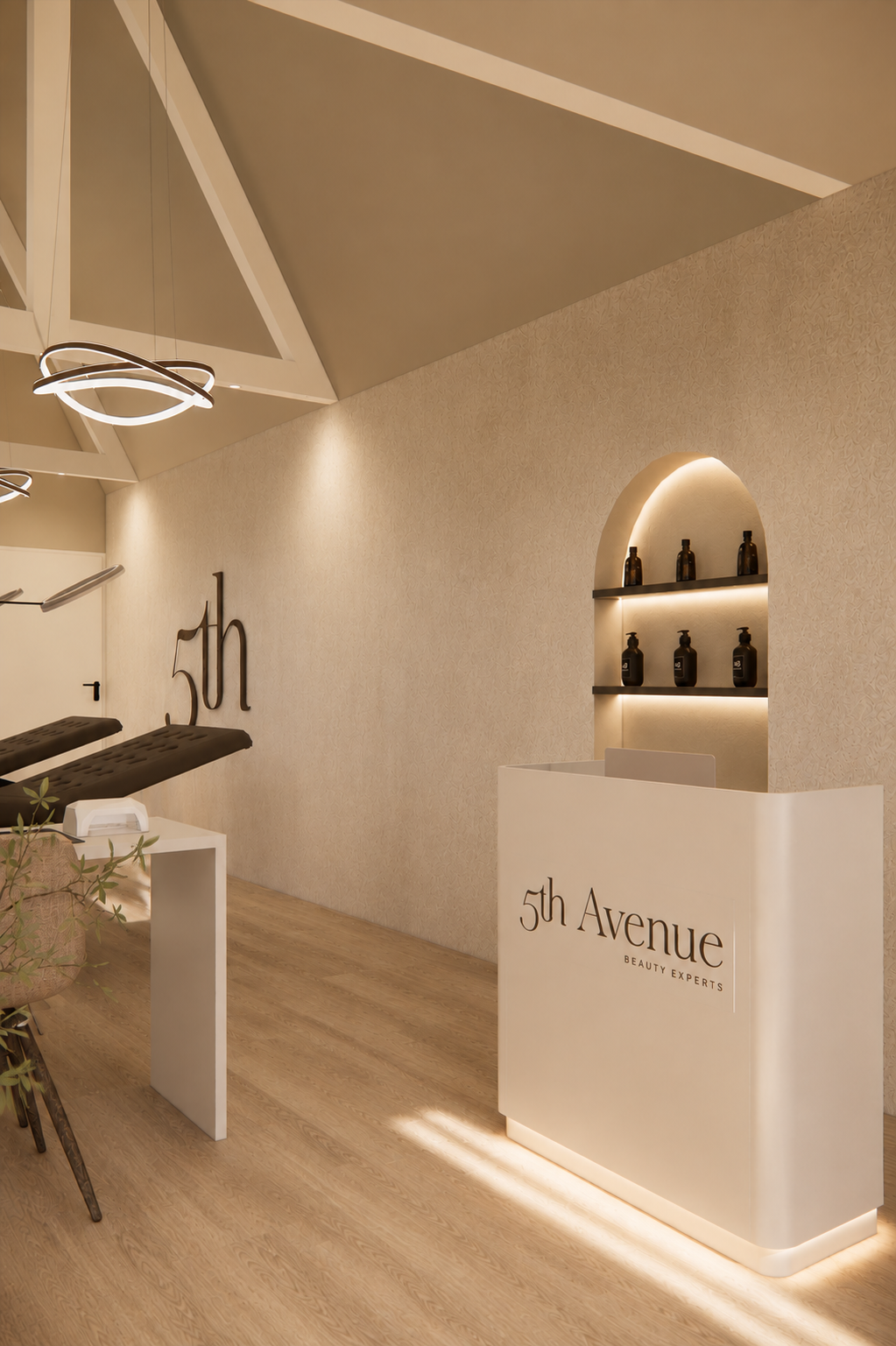 3D visualisatie van een stijlvolle receptieruimte van een beautysalon