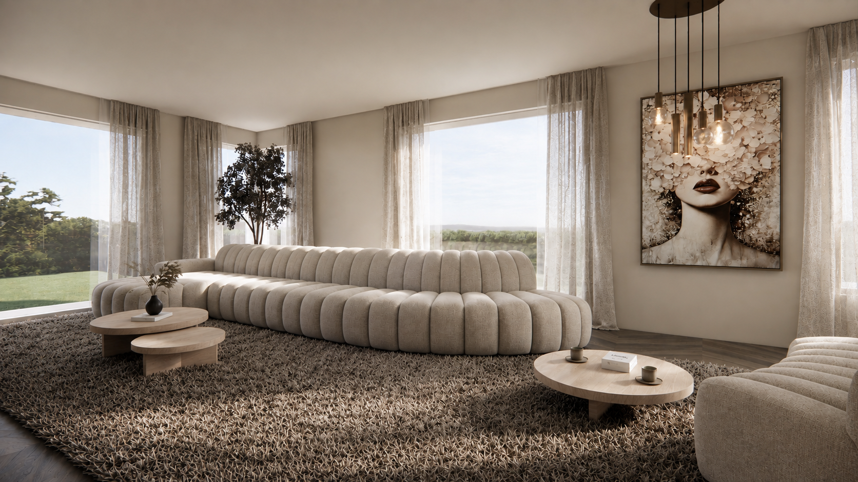 3D visualisatie van een ruime woonkamer met een beige interieur en houten details