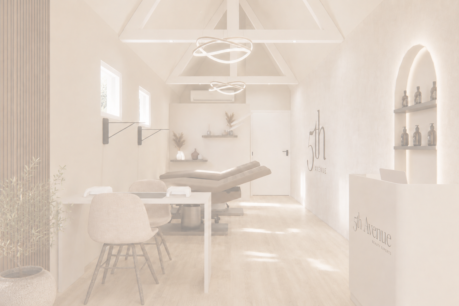 3D visualisatie van een verfijnd en modern interieur voor een beautysalon
