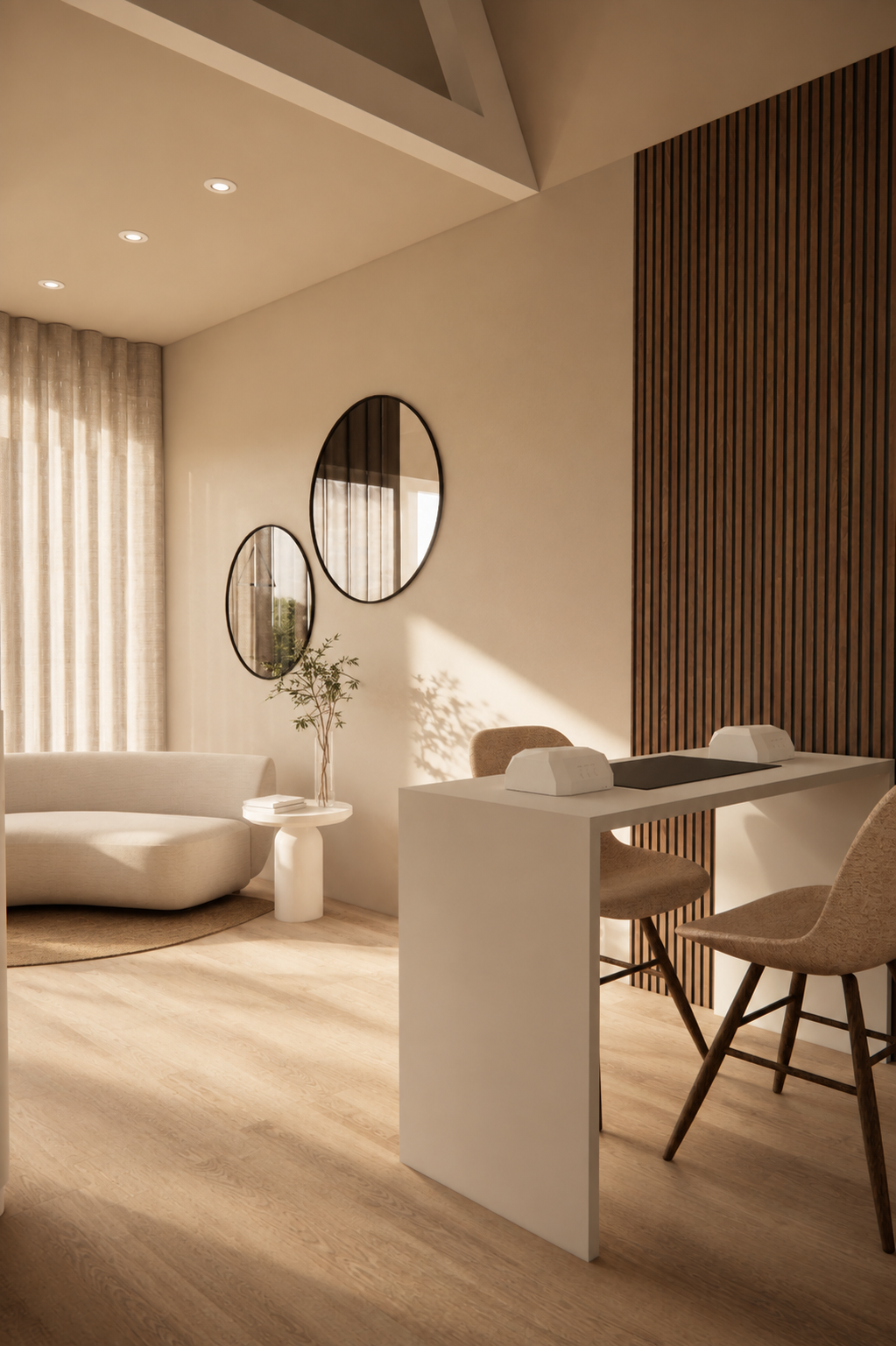 3D visualisatie van een warme woonkamer met beige tinten en houten details