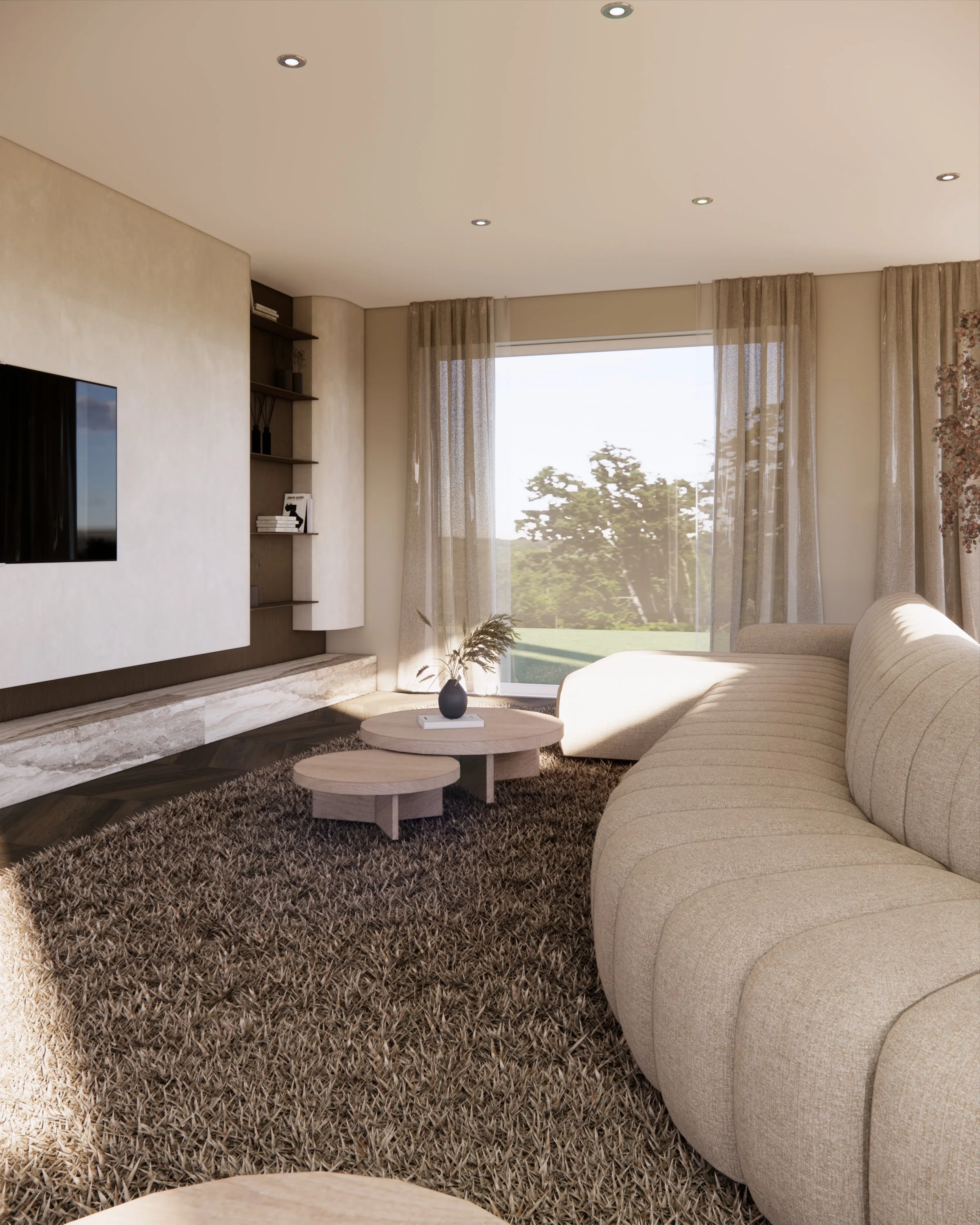 3D visualisatie van een modern woonkamerinterieur met beige tinten