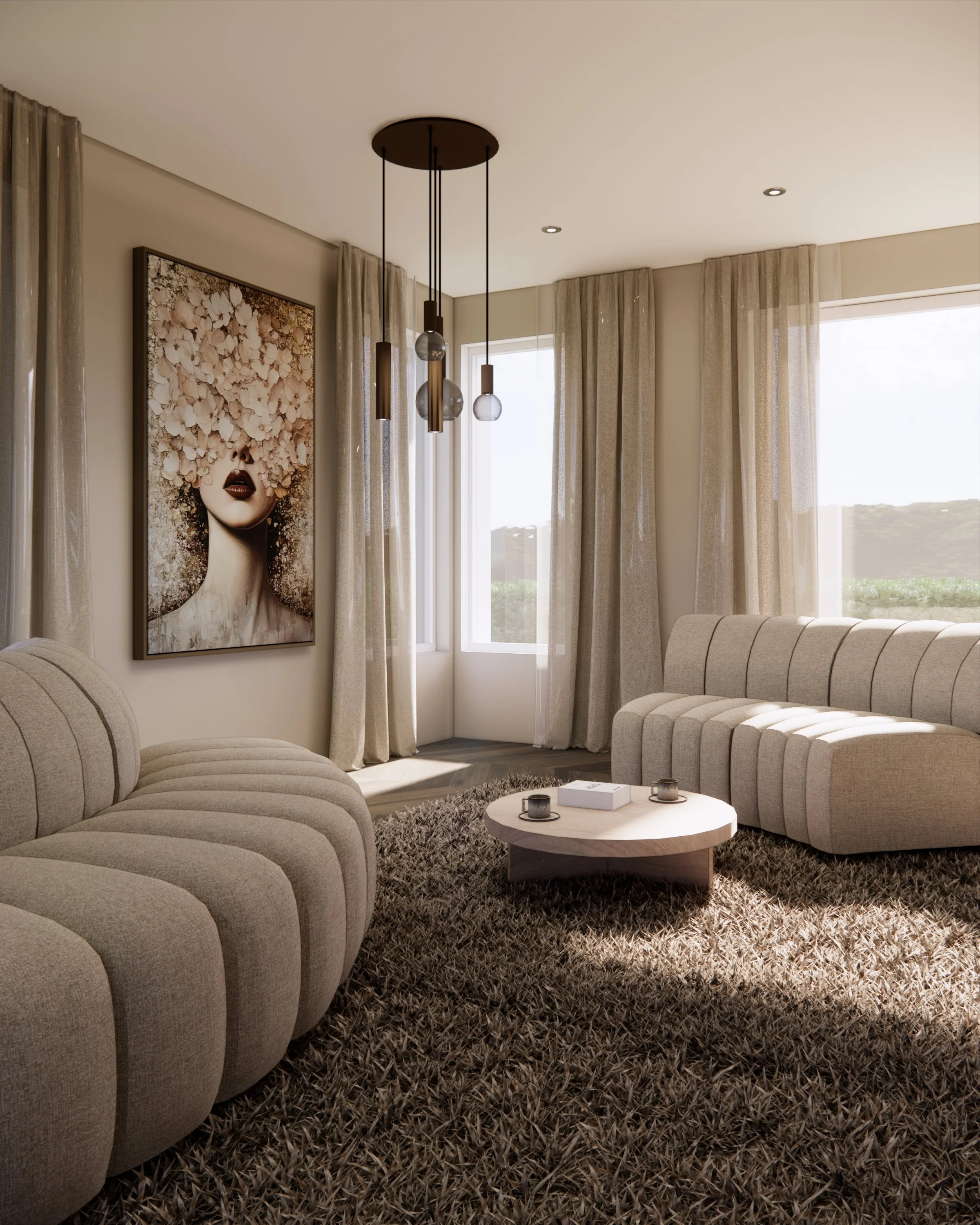 3D visualisatie van een modern woonkamerinterieur met beige tinten