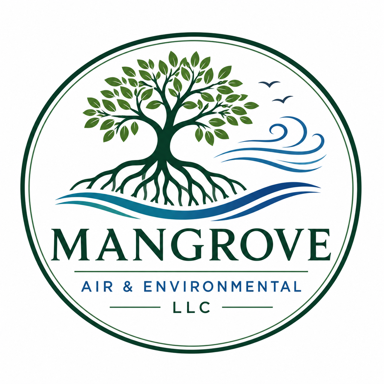 Logo for Mangrove Air & Environmental LLC featuring a green tree with exposed roots, waves, and birds.