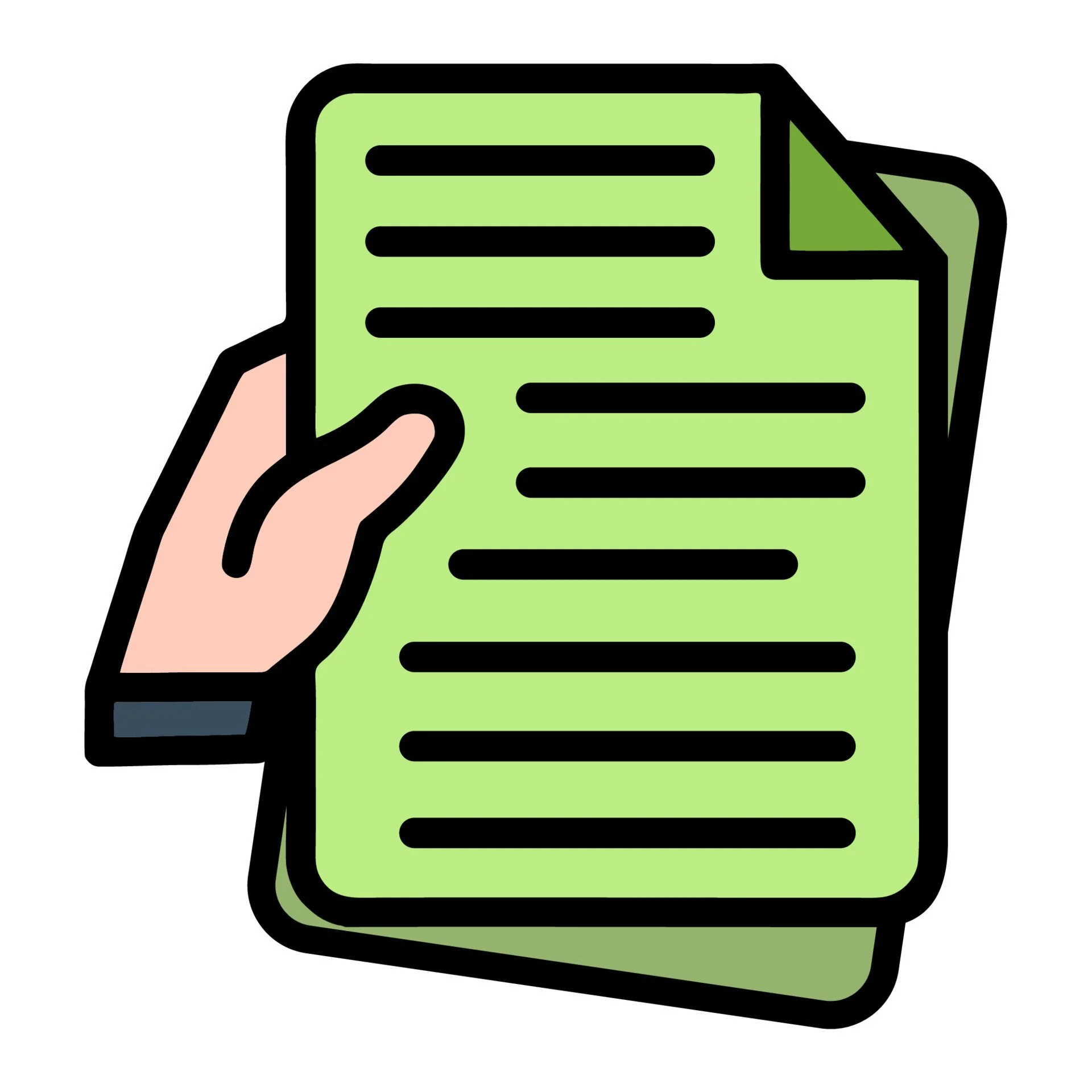 Illustration of a hand holding a green printed document or sheet with black lines representing text.
