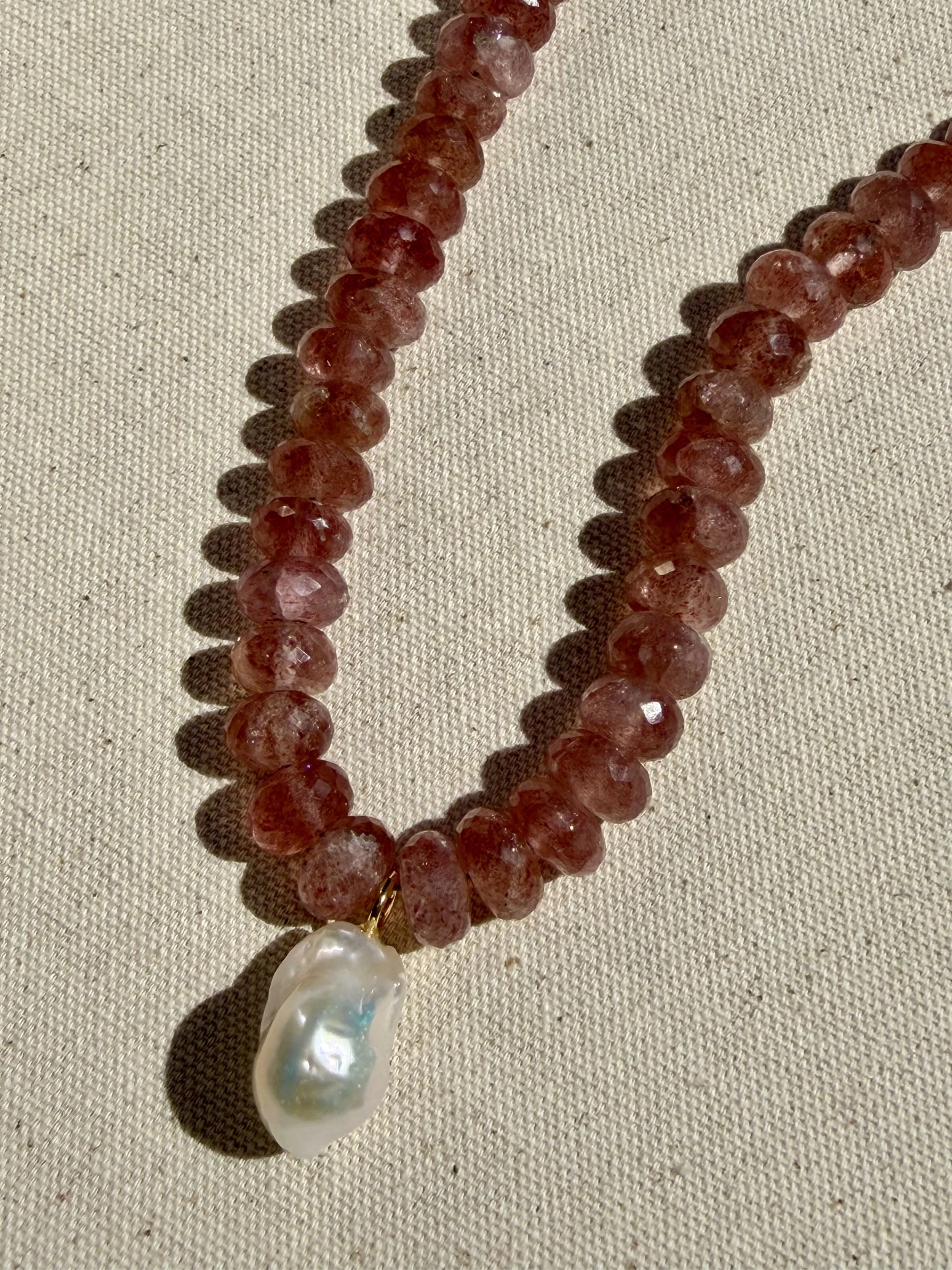 Strawberry Quartz + Baroque Pearl Necklace