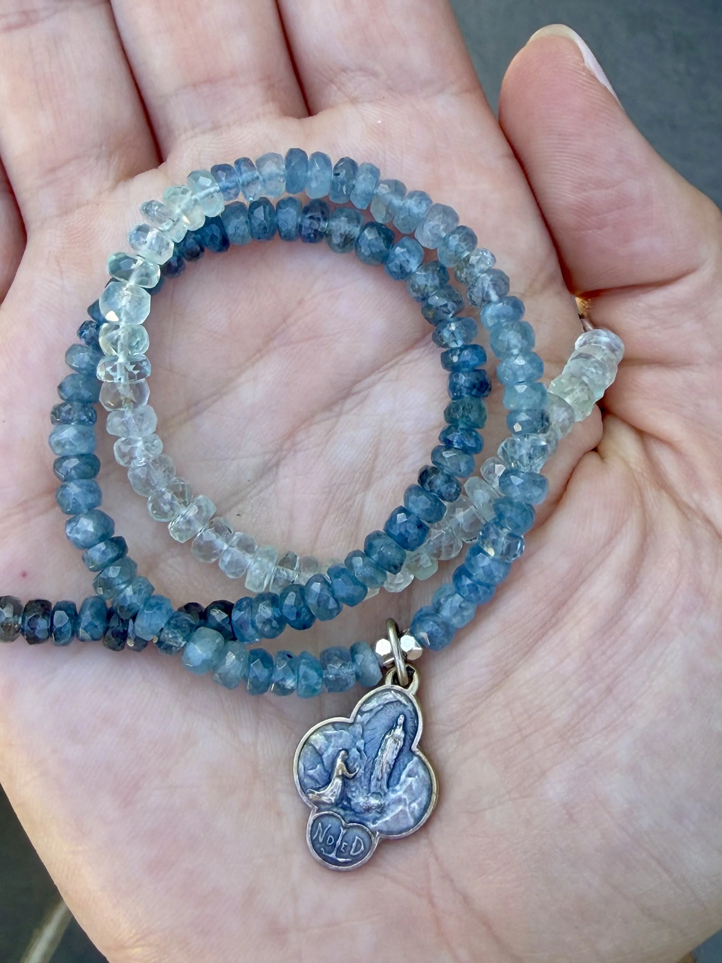 Ombré Aquamarine + Antique Lourdes Medal Necklace