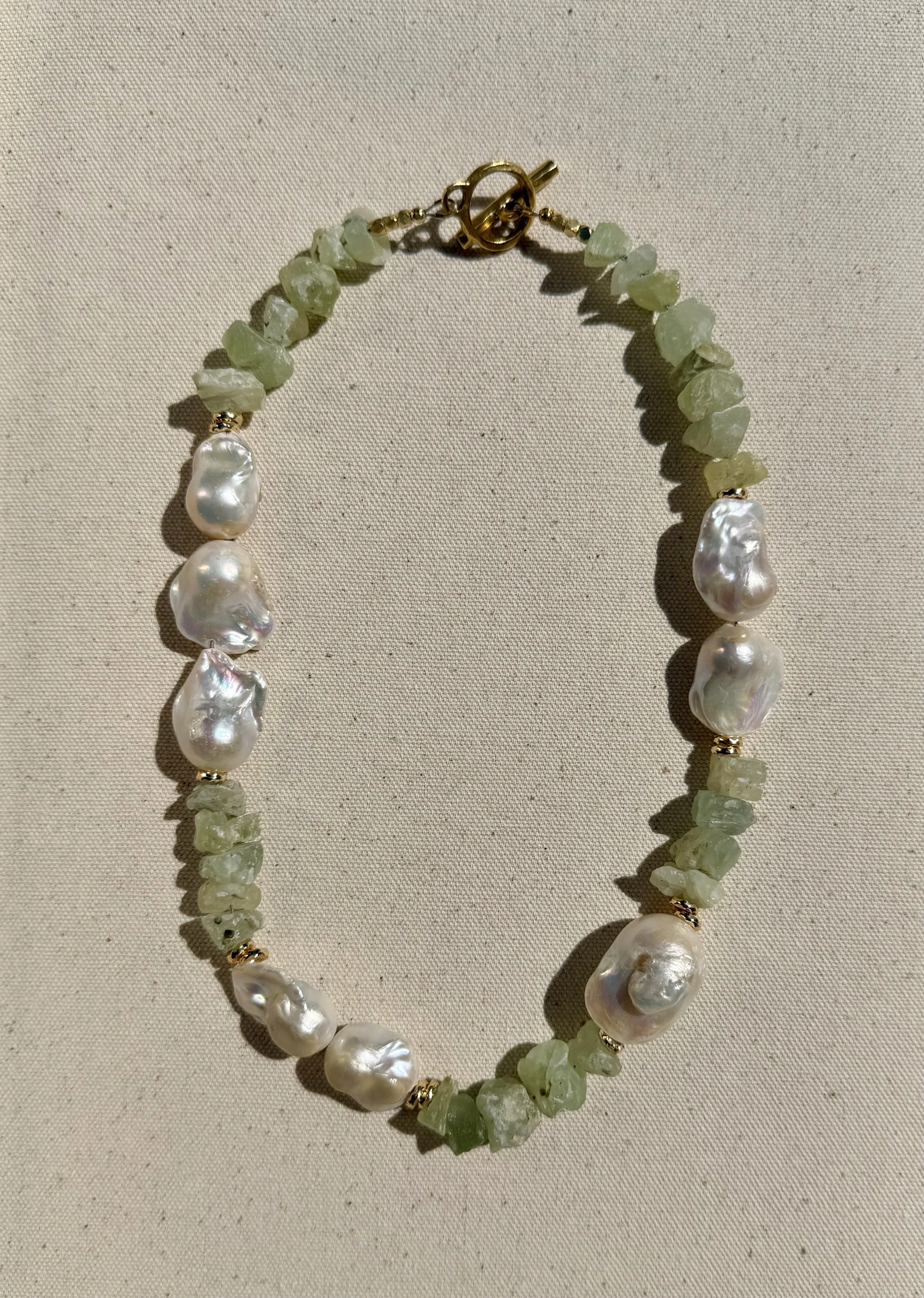 Raw Prehnite + Baroque Pearl Necklace II