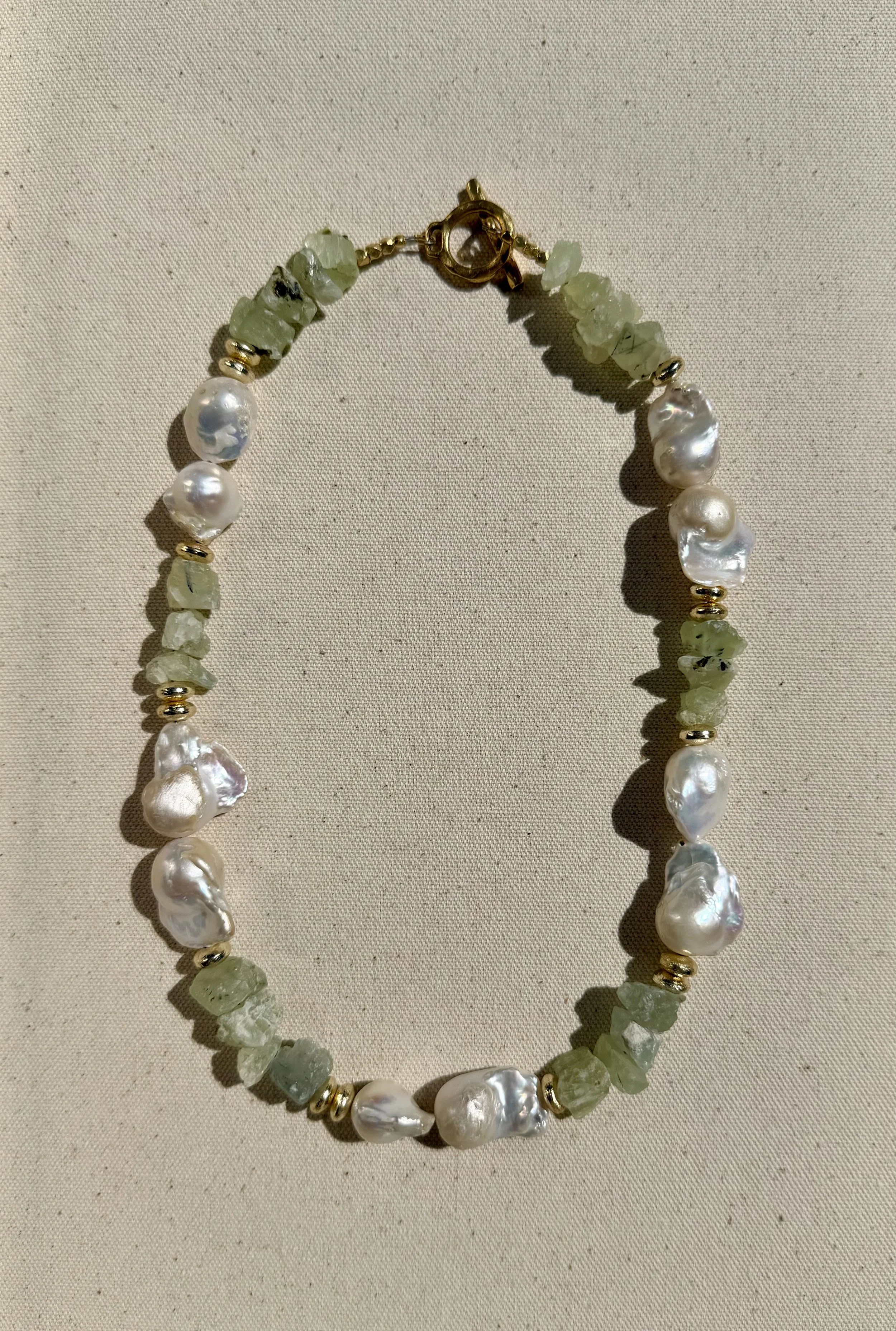 Raw Prehnite + Baroque Pearl Necklace I