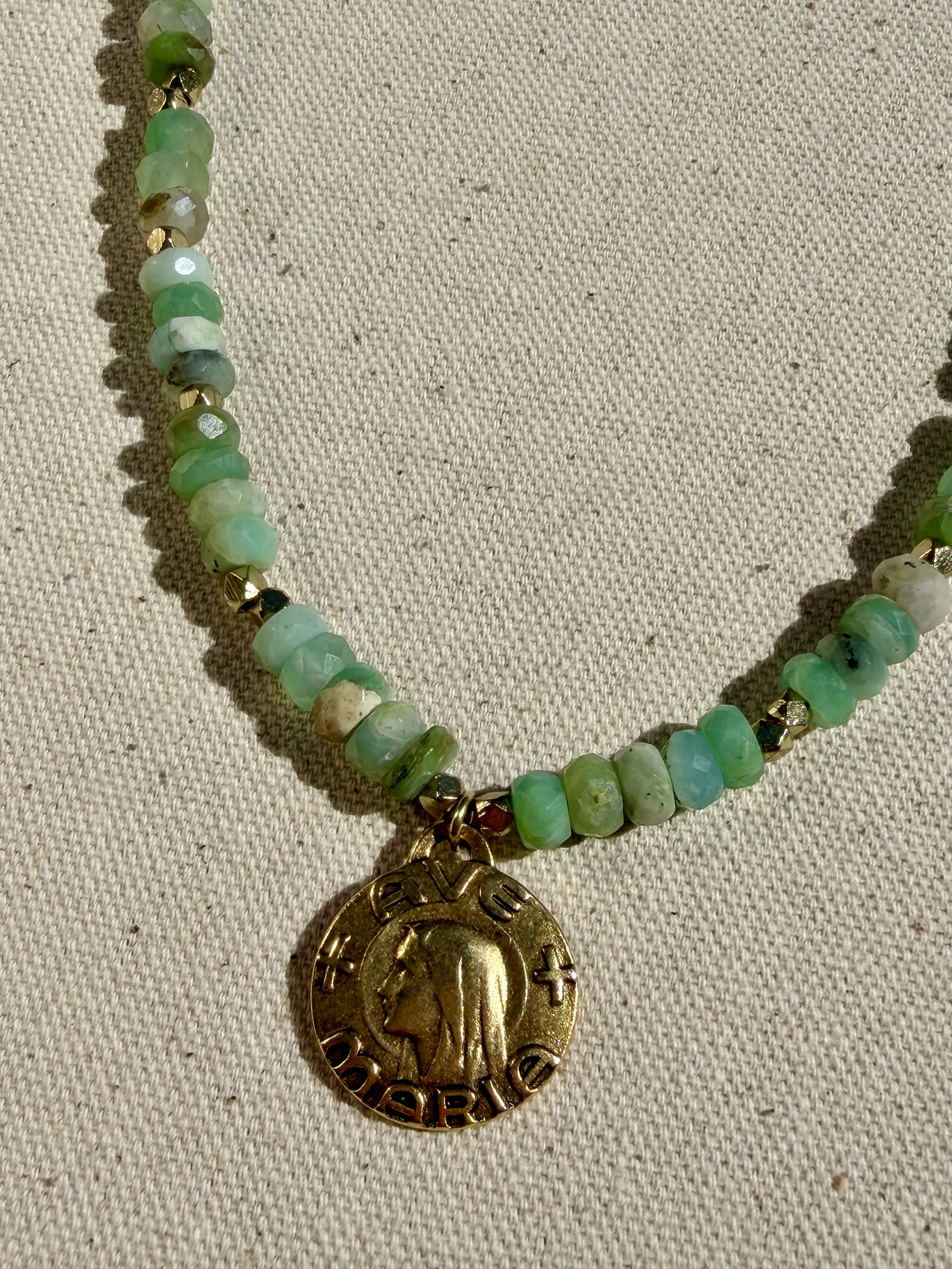 Blue Peruvian Opal + Ave Maria Medal Necklace