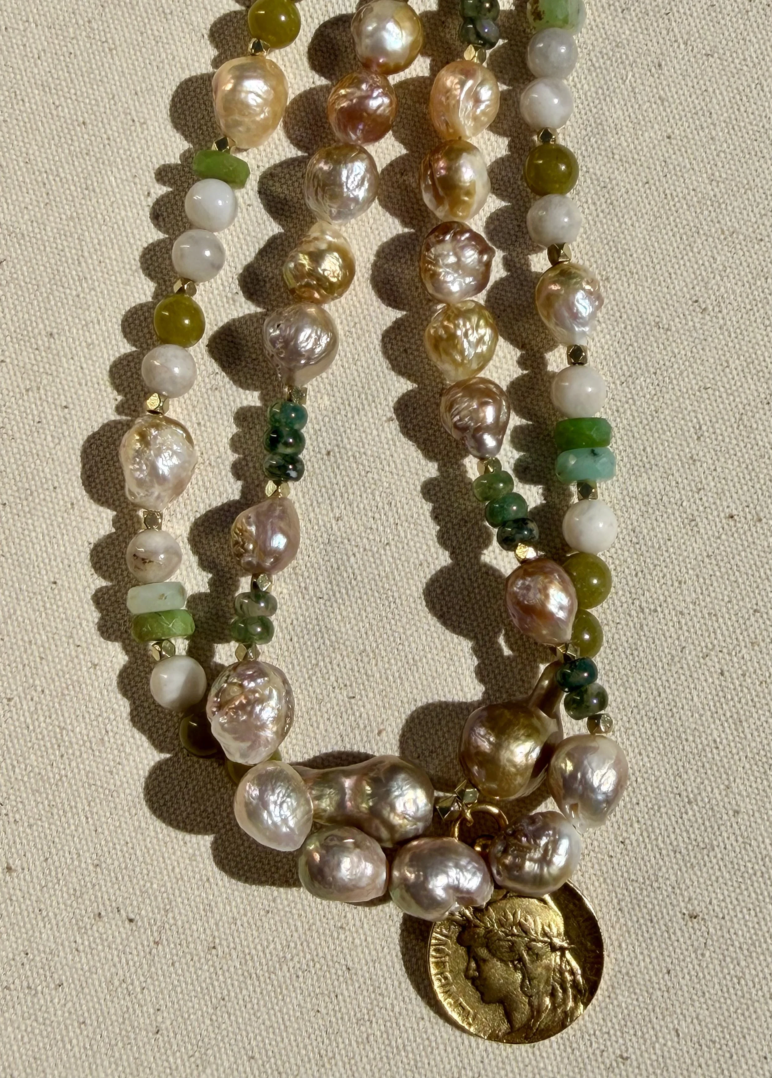 Moss Agate + Mauve Pearl Necklace