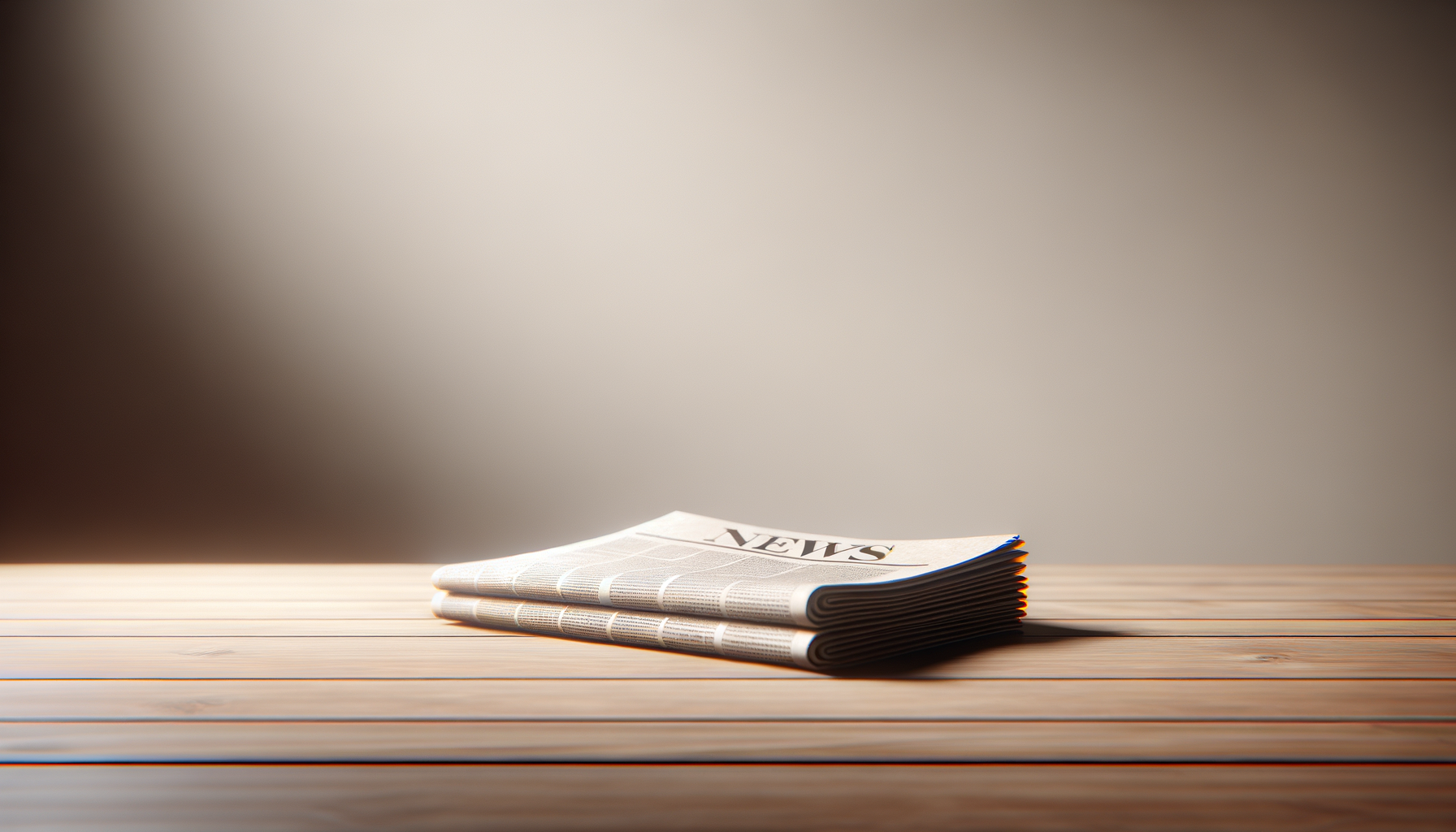 A folded newspaper resting on a wooden table with a plain, light-colored background.