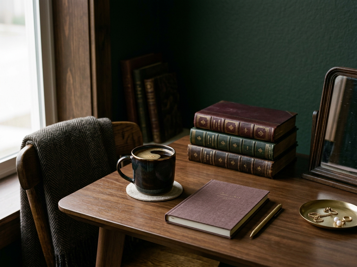 A wooden table near a window with a cup of coffee, a closed purple book with gold lettering, a gold pen, a small gold dish with jewelry, a mirror, and a stack of five old hardcover books on a green wall in a cozy room.