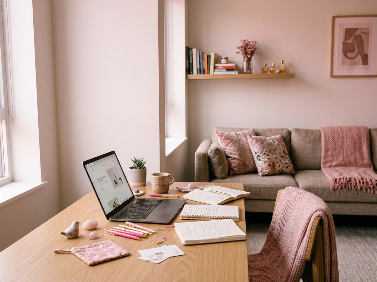 A cozy home office with a wooden desk, open laptop, notebooks, pink pens, a mug, a small plant, and decorative stones, with a sofa in the background.