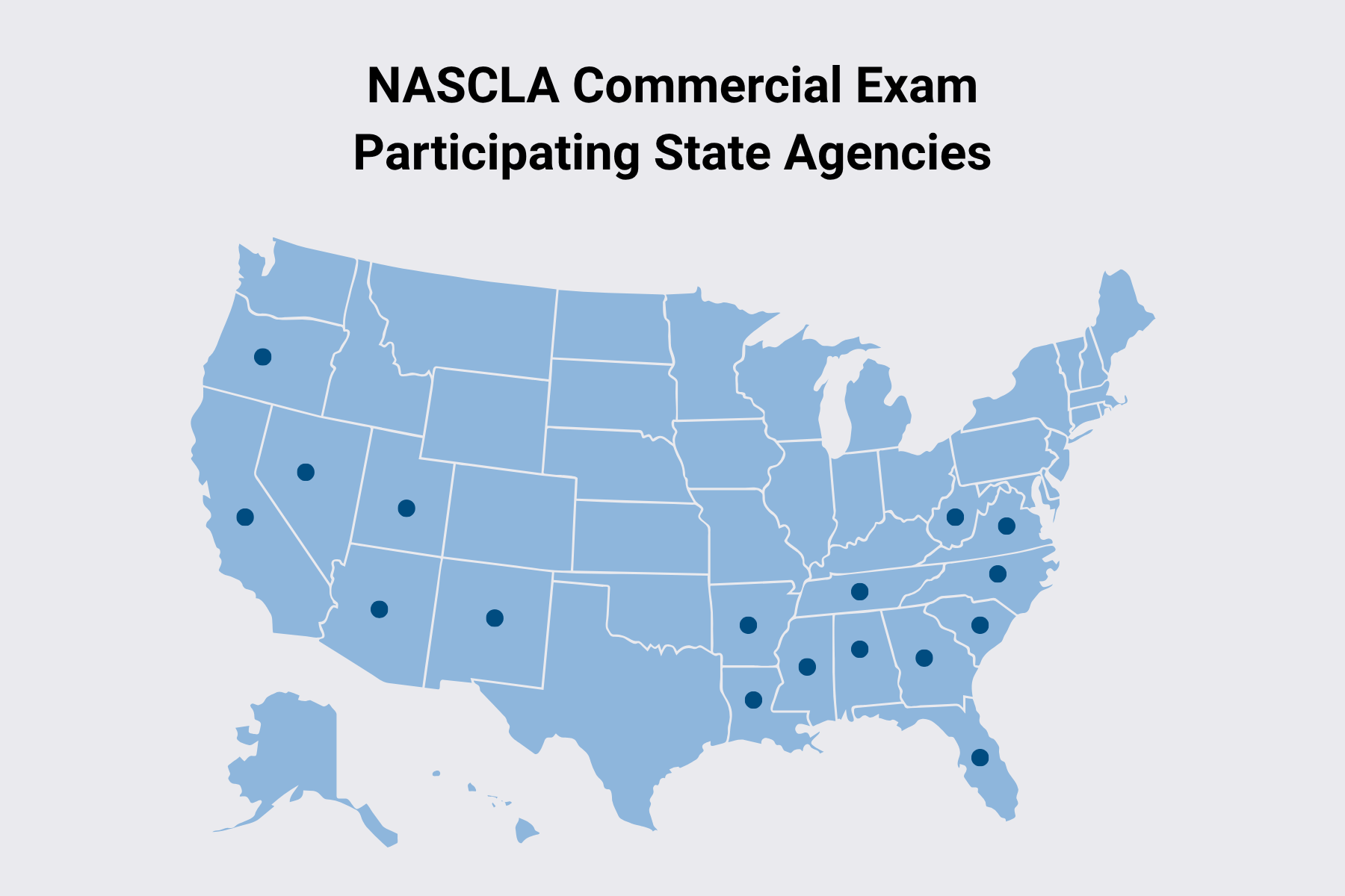 Map showing the 17 states that accept the NASCLA Commercial Exam, plus the U.S. Virgin Islands.