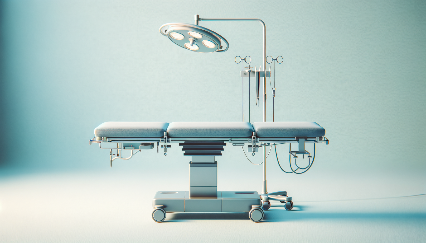 A medical operating room table with a mounted surgical light, several medical tools attached, and a stand on the right side. The room has a plain light-colored background.