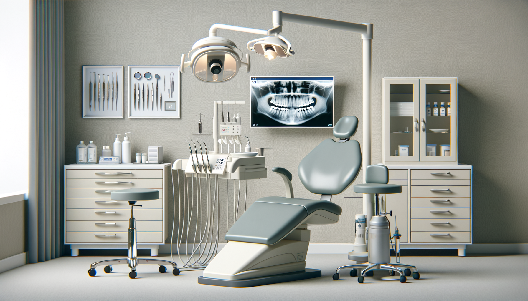 Dental examination room with dental chair, overhead light, dental tools, cabinet, and dental X-ray on the wall.