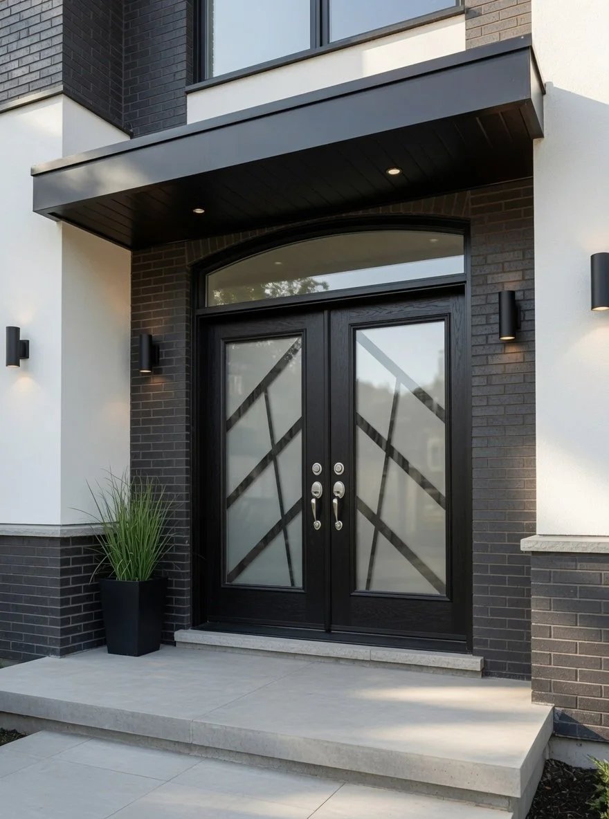 Modern front entrance with black double doors featuring geometric frosted glass panels, black wall-mounted lights, a potted plant, and a small concrete stoop.