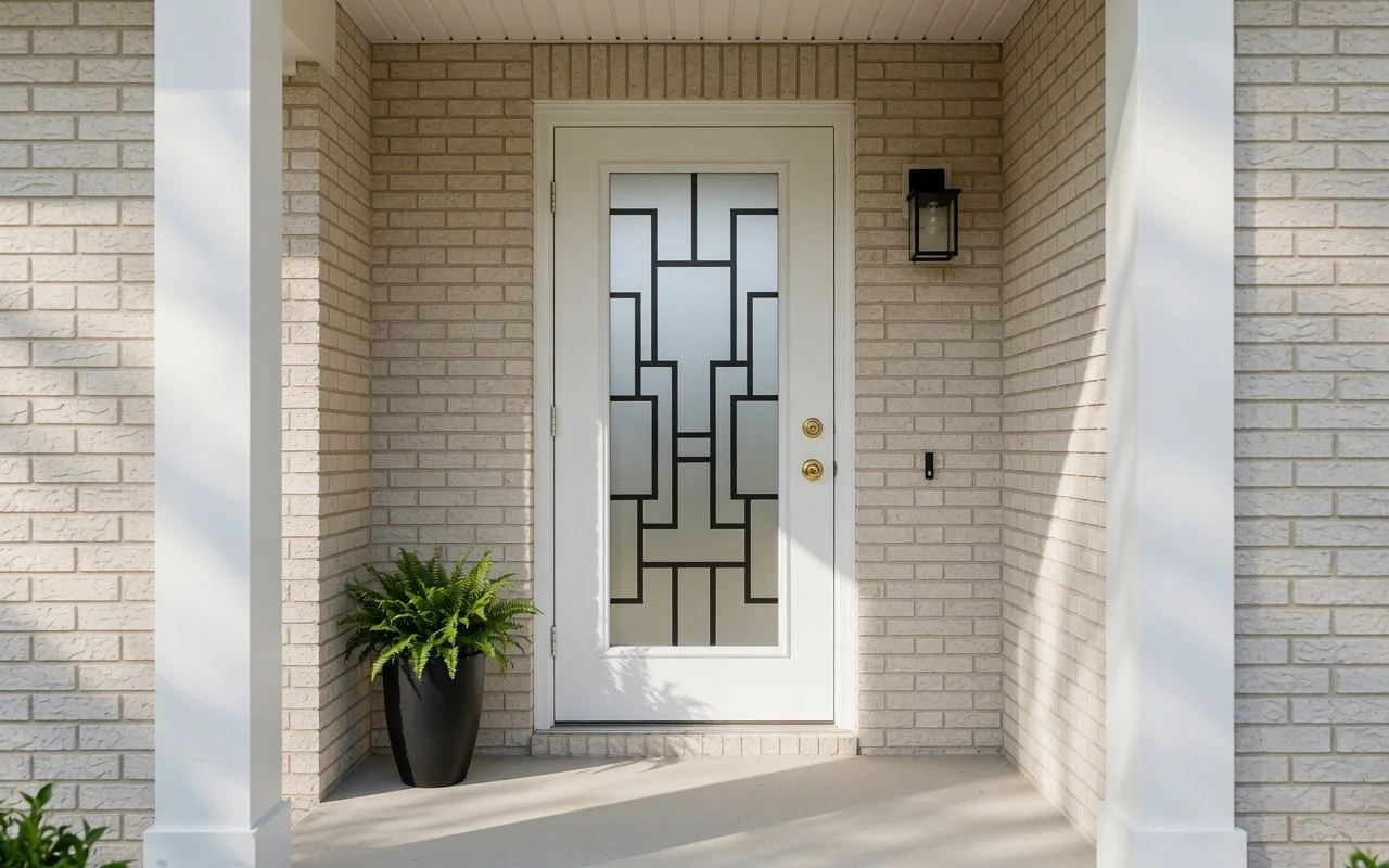 Front porch of a house with a white door with a decorative frosted glass panel