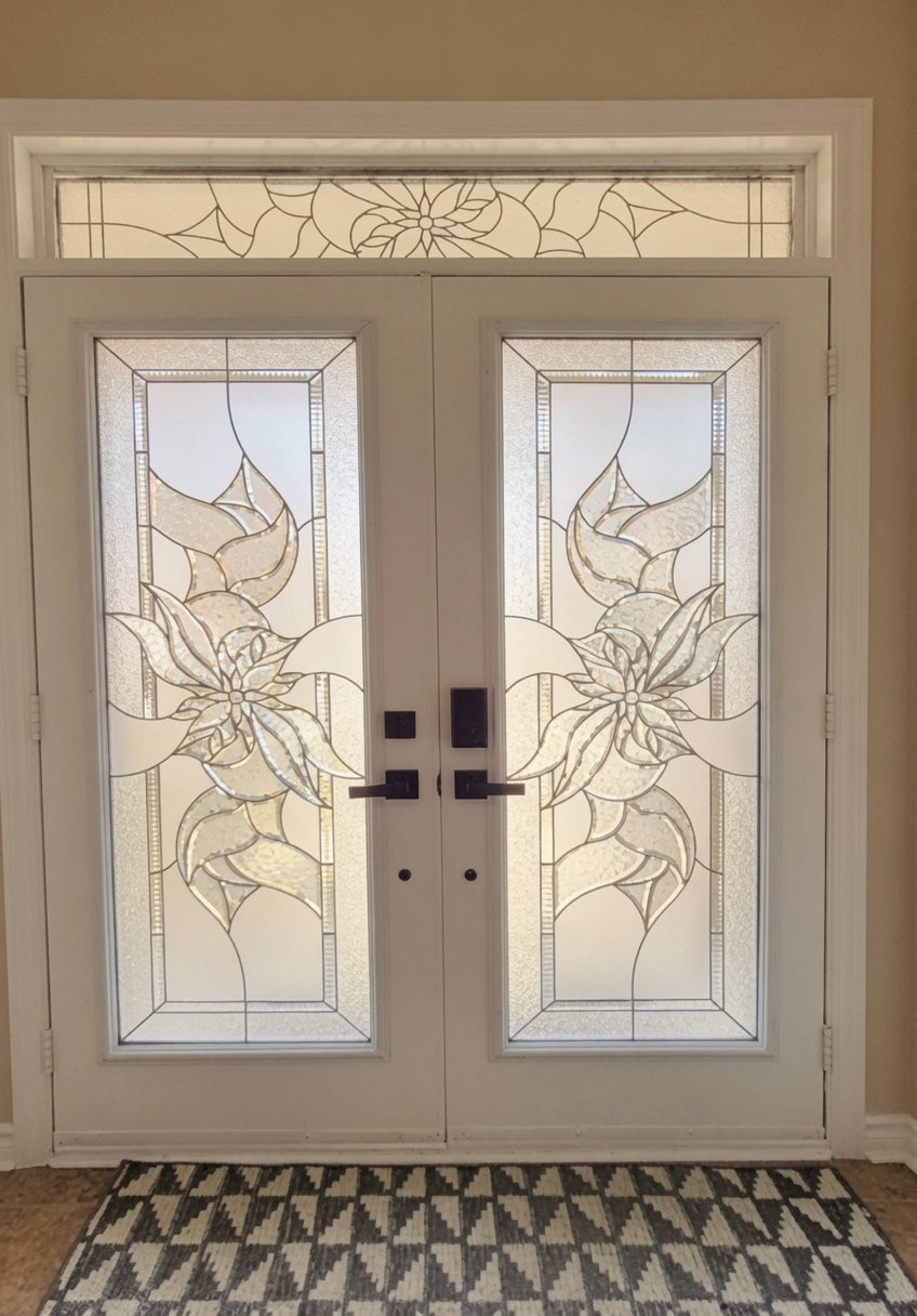 Glass-stained double front doors with floral and leaf patterns, with a decorative transom window above
