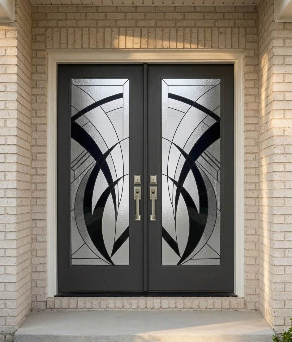 Double front doors with decorative glass panels in a brick house.