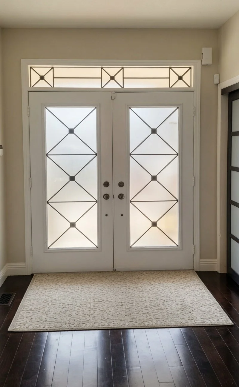 White front door with glass panels featuring geometric patterns, frosted glass, and a decorative transom window above. A light-colored rug on dark hardwood floor in entryway.