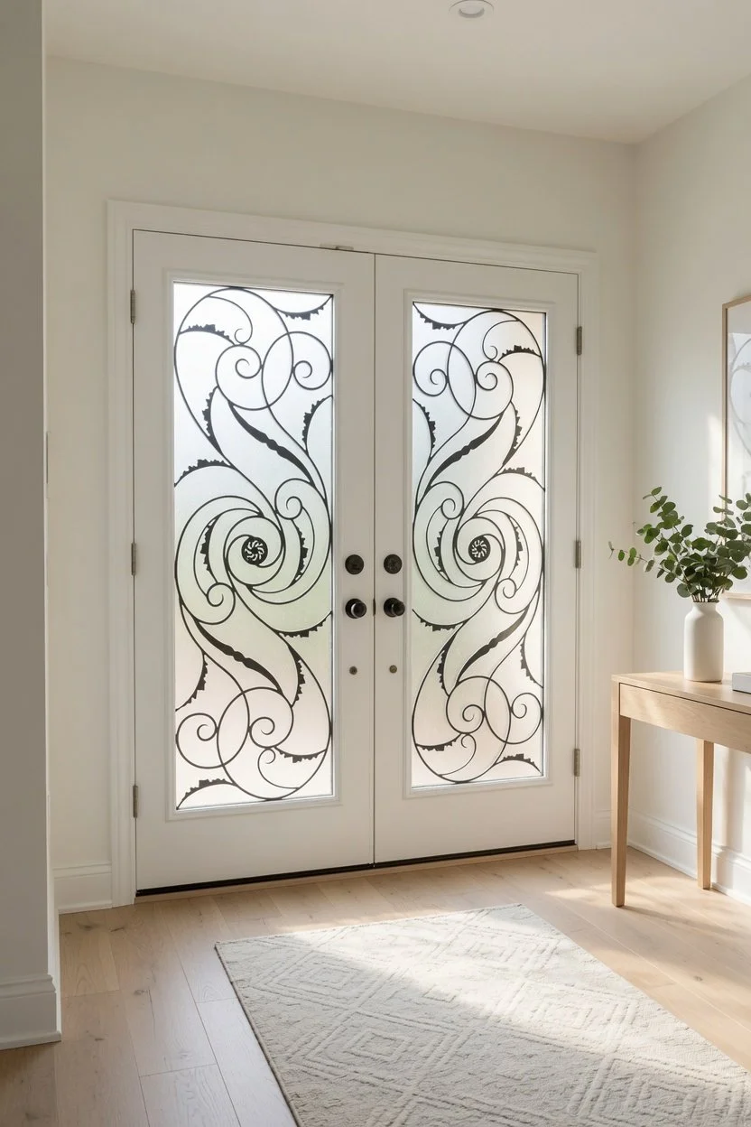 Decorative glass double doors with black swirl patterns in a bright entryway, light-colored hardwood floor, a beige area rug, a wooden table with a vase of green leafy plant, and a framed art piece.