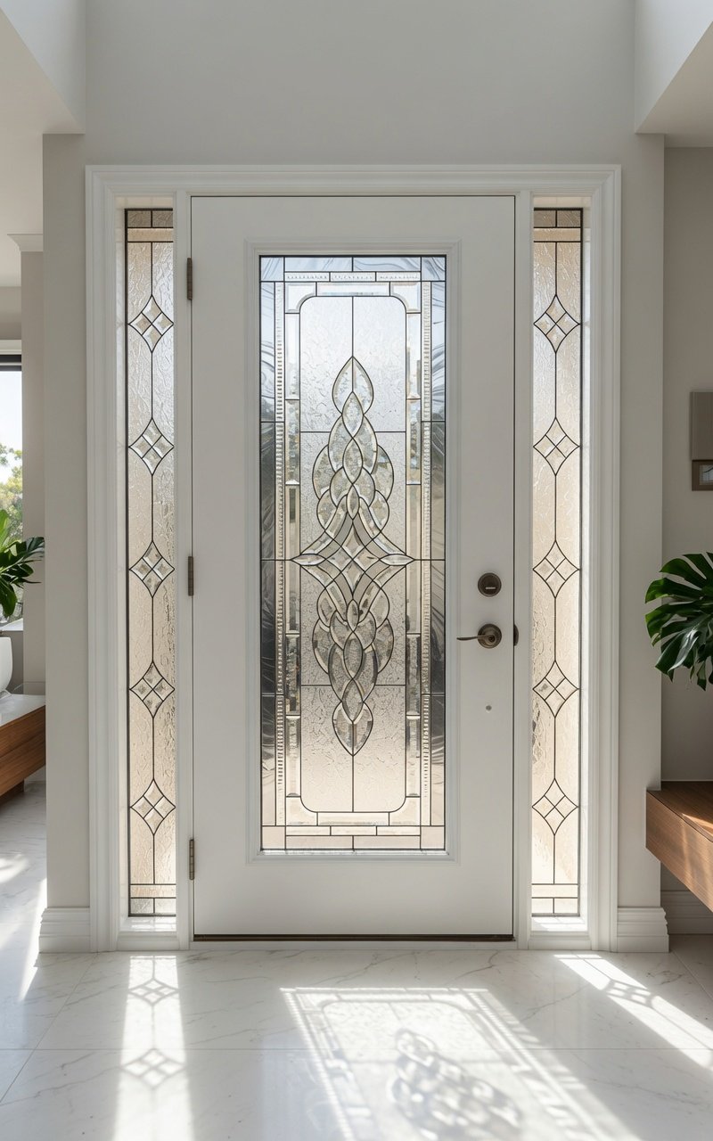 Front door with decorative glass panels and sidelights, sunlight casting shadows inside.