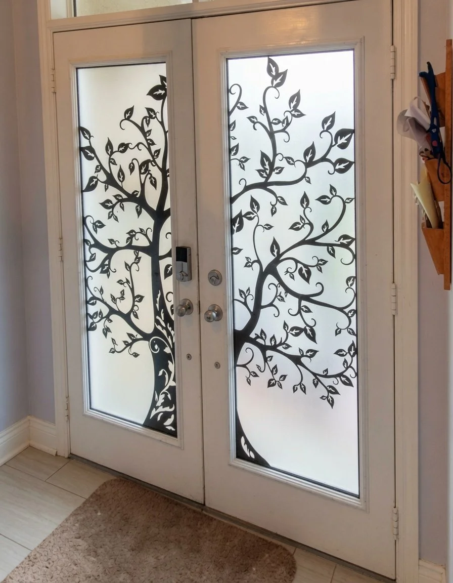 Decorative frosted glass door with black tree and leaf design.
