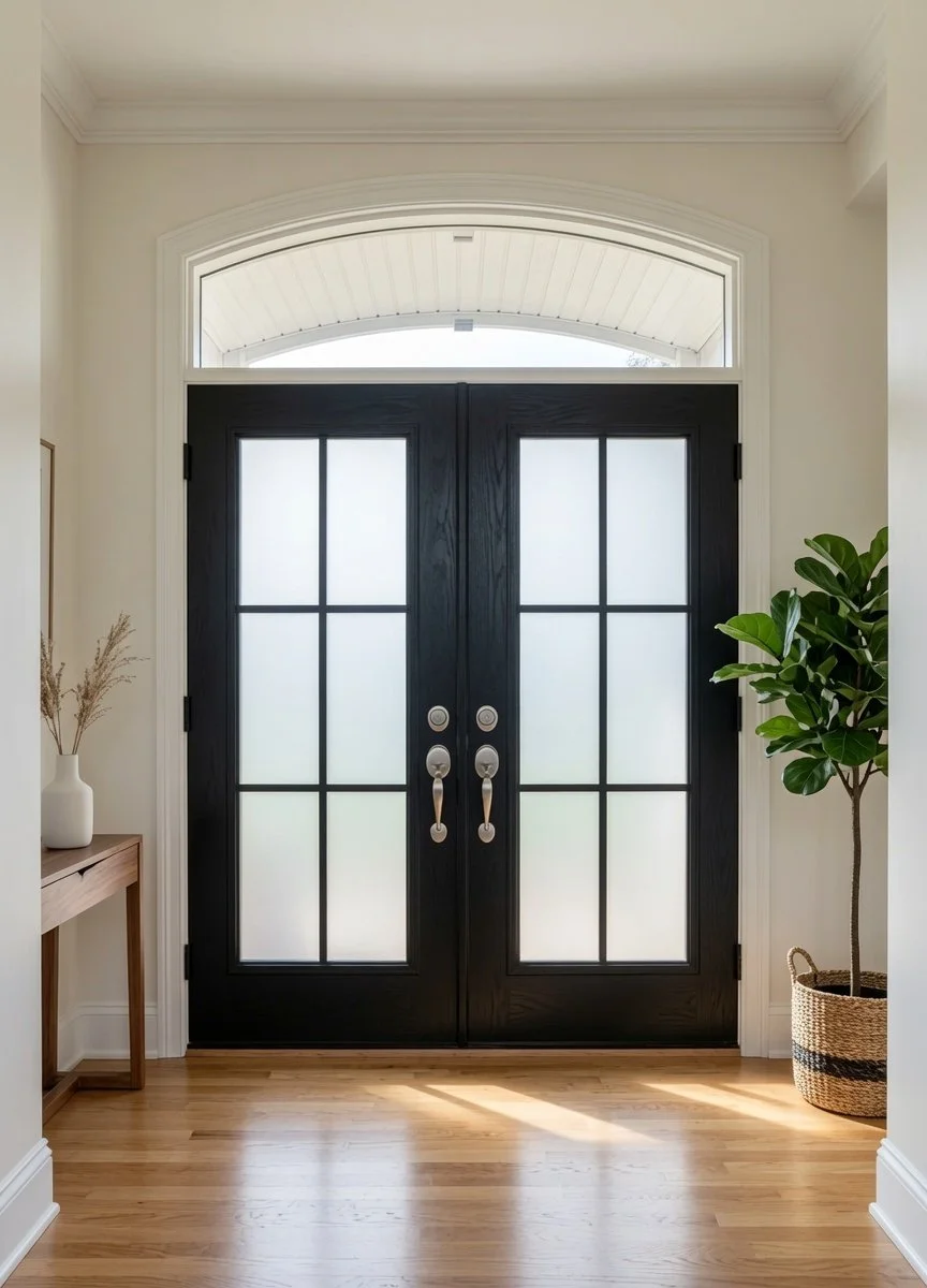 Entryway with double black doors with frosted glass panels, a transom window above, hardwood flooring, a wooden console table with a white vase and dried grasses on the left, and a potted green plant in a woven basket on the right.