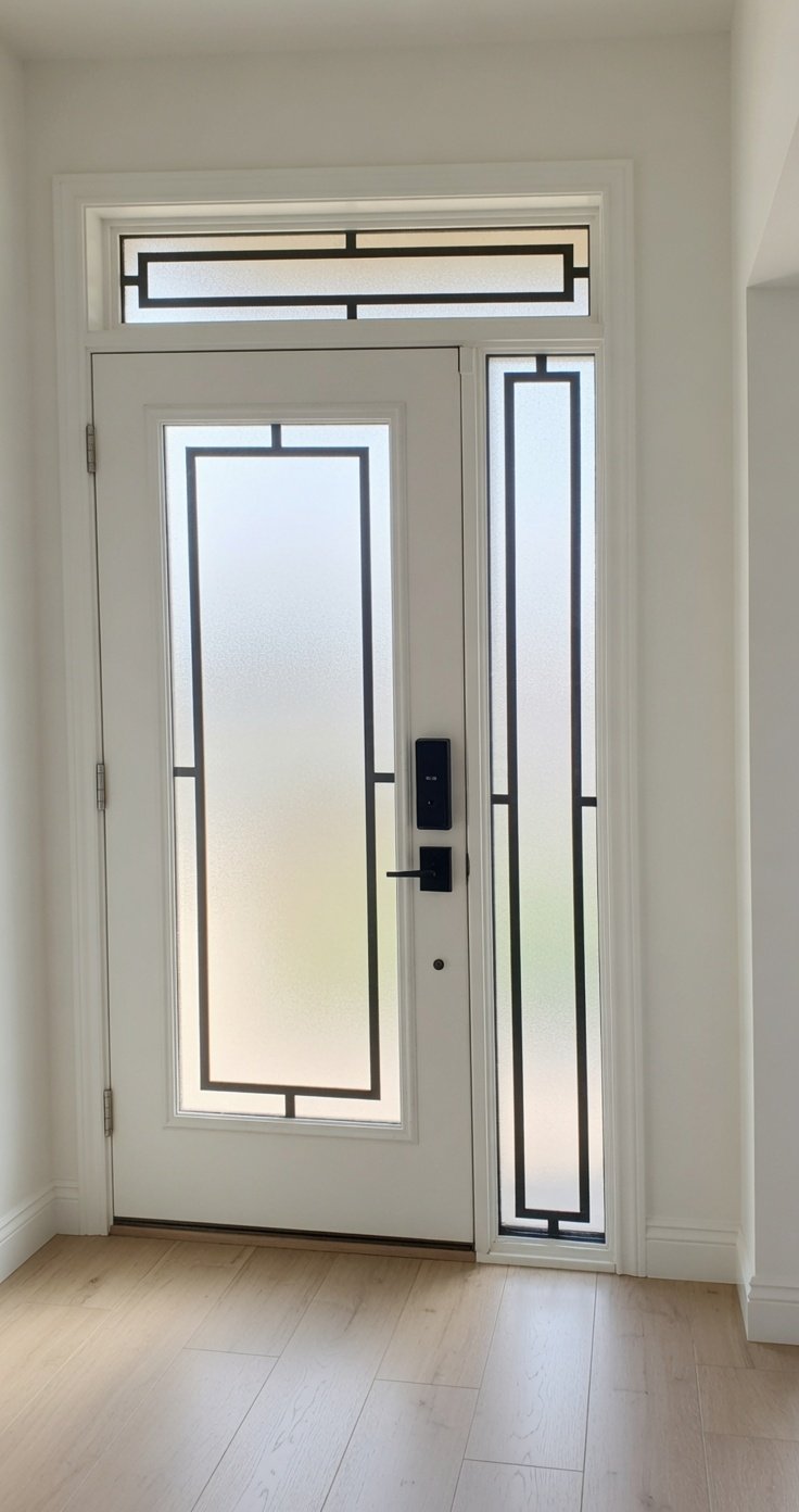 Modern front door with decorative black metal framed frosted glass panels, including sidelights and transom window.