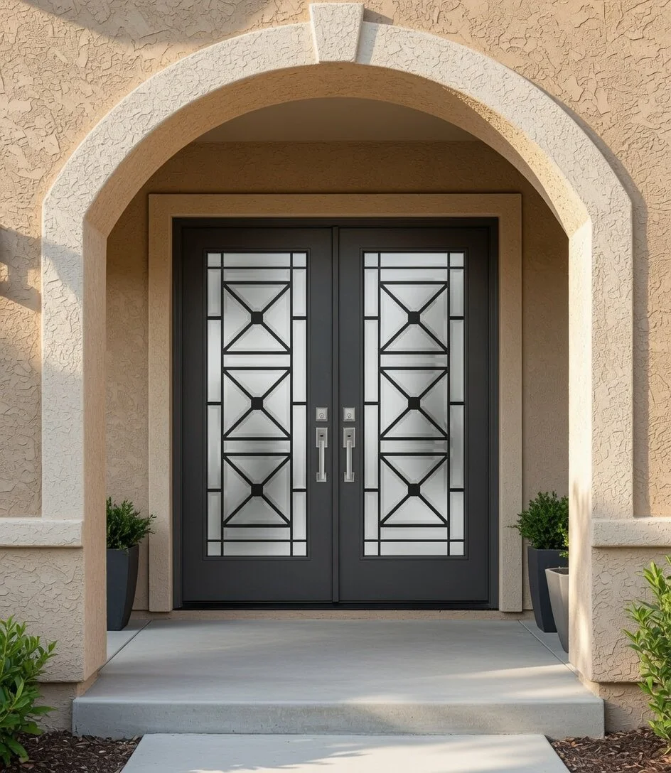 A front door with double black doors featuring geometric decorative glass panels, set within a beige stucco wall with an arched doorway, and flanked by potted green plants.