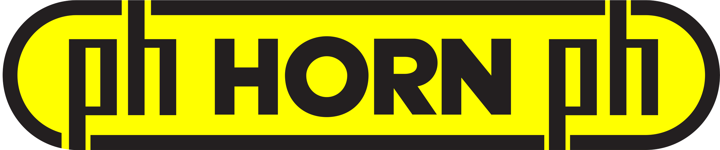 Black and yellow logo with the words "Horn" in bold, stylized font.