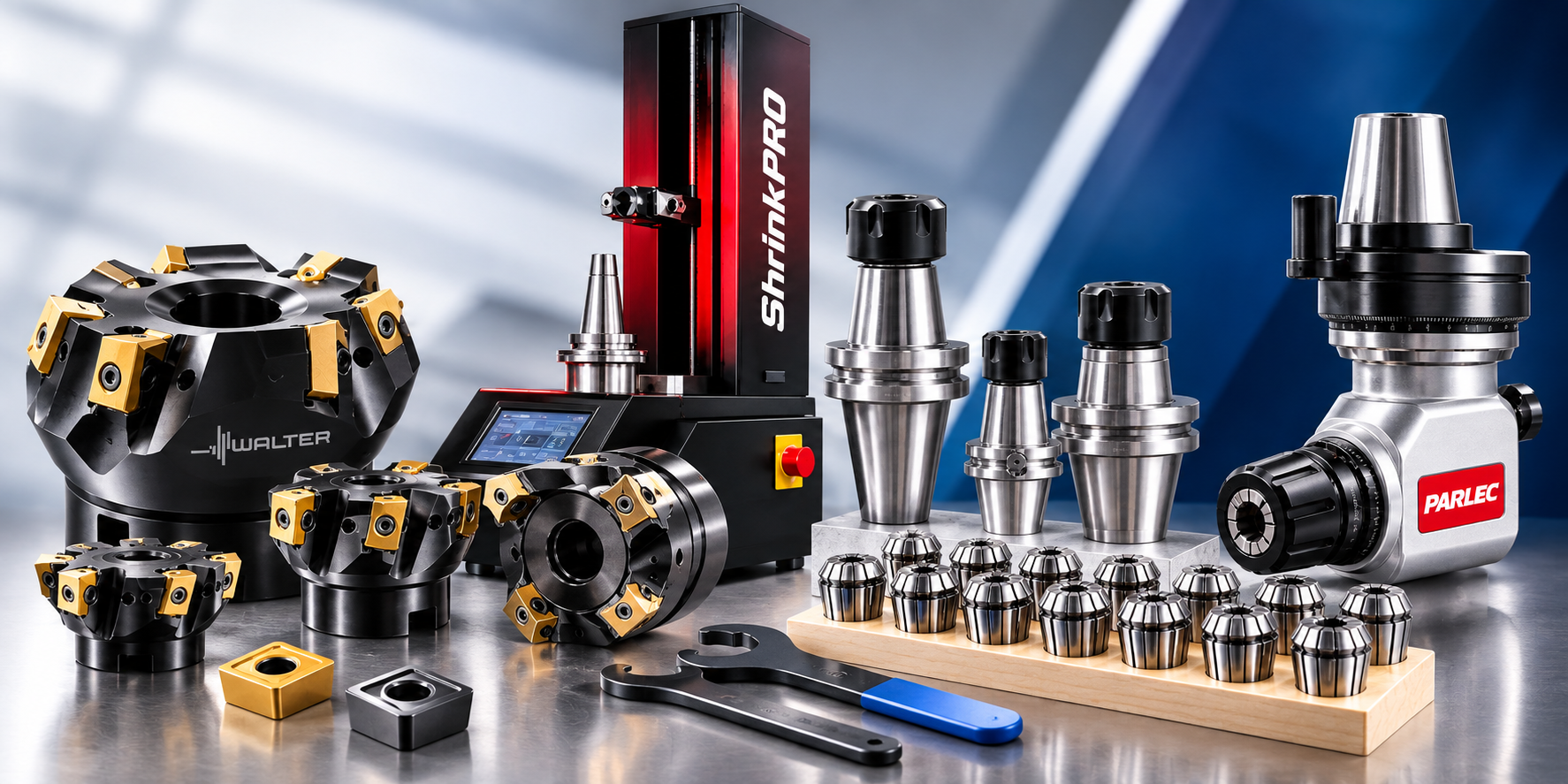 Various industrial tooling devices and machine parts arranged on a workbench, including rotary cutting tools, tool holders, a digital control machine, and a wooden block with multiple collets, with a blurred industrial background.