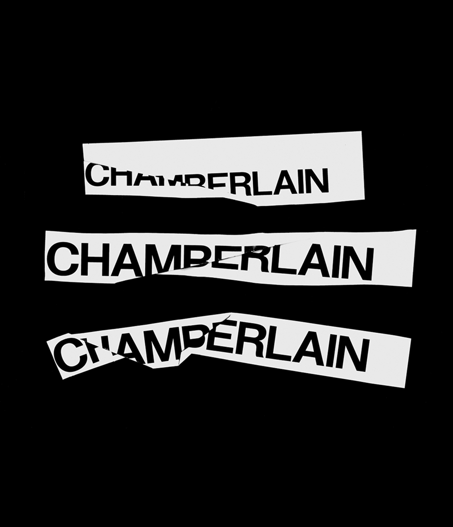 Trio of Chamberlain wordmarks stacked vertically on top of once another and created in the signature john chamberlain "crushed" style.