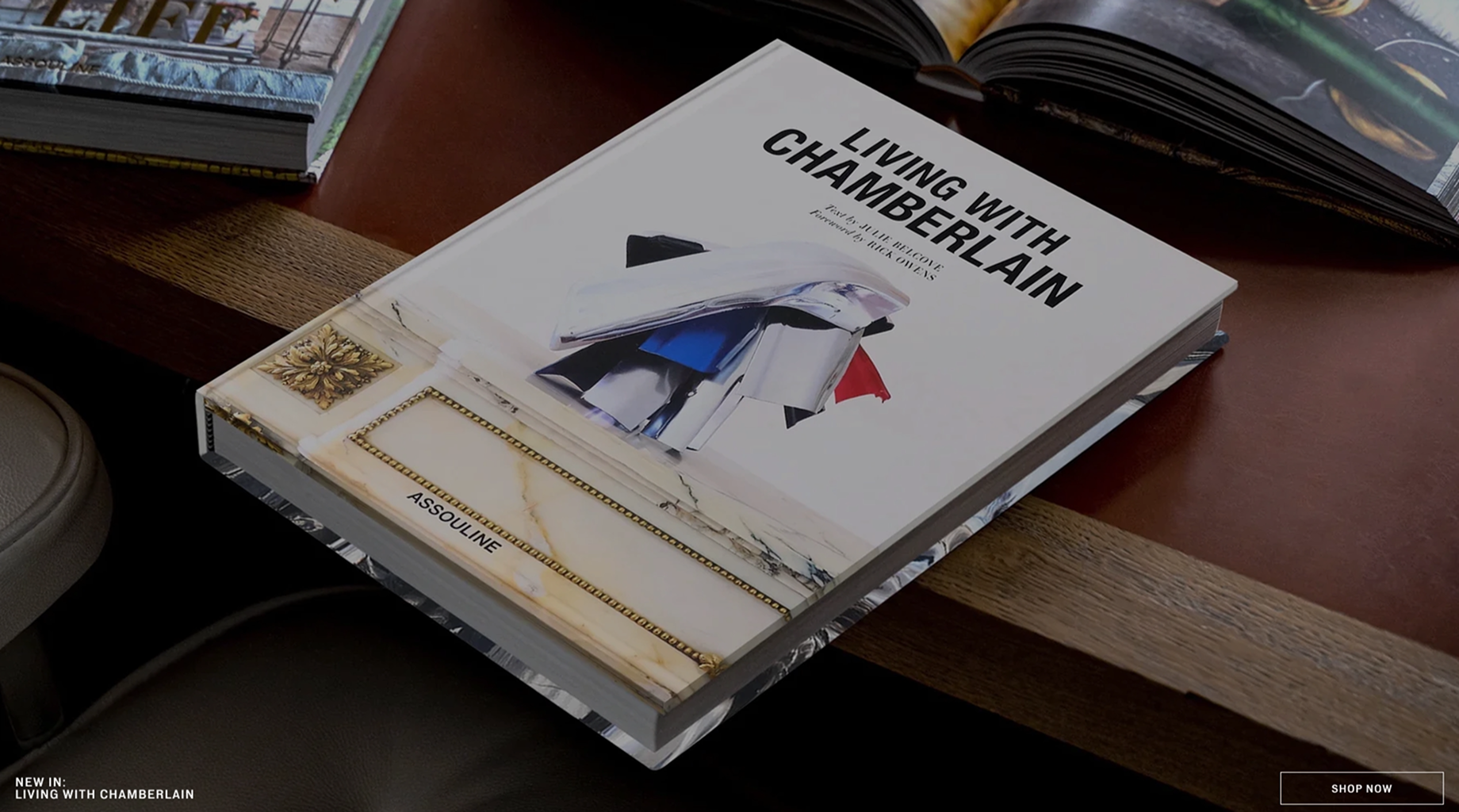 Image of the "Living with Chamberlain" coffee table book on a coffee table.