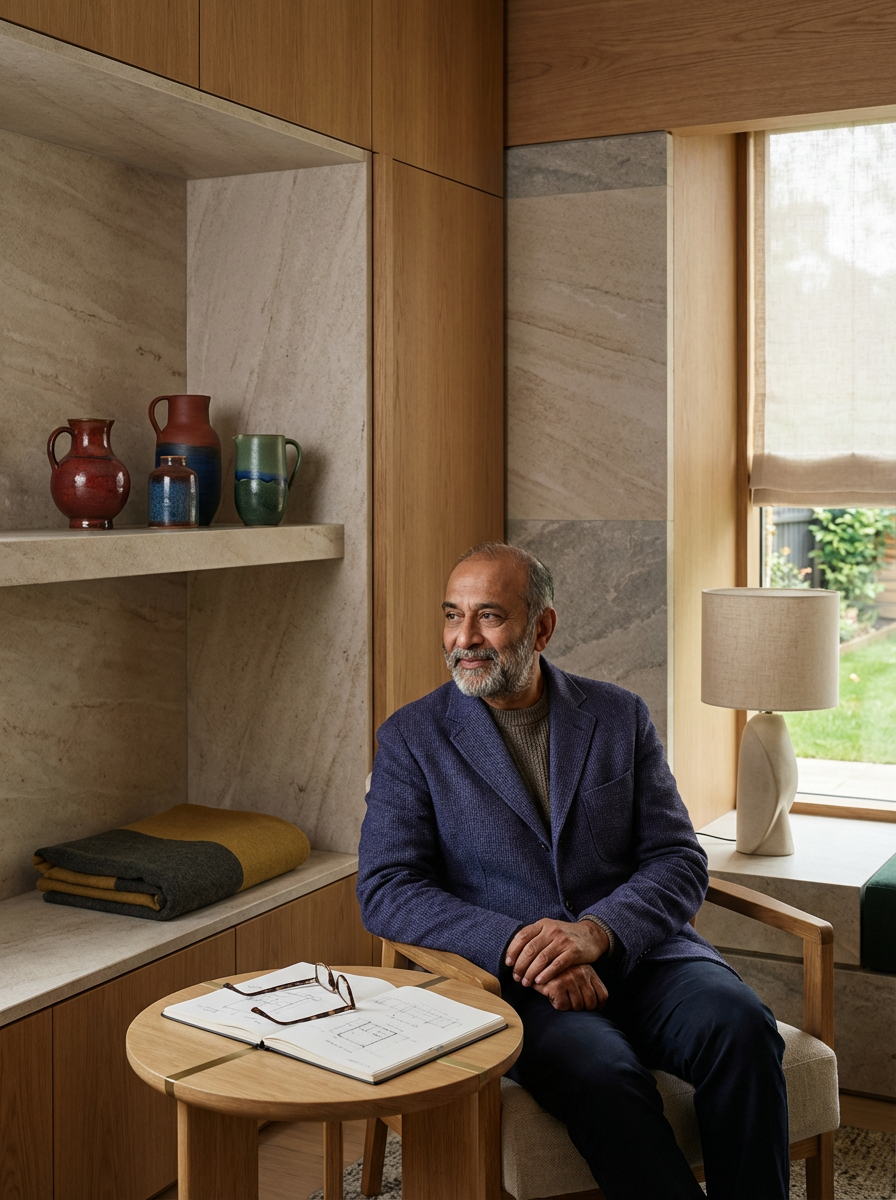 An older man with a beard and glasses sitting in a cozy, well-lit room. There is a wooden side table with an open notebook and glasses, a built-in shelf with colorful ceramic vases, and a window with a view of a garden outside.