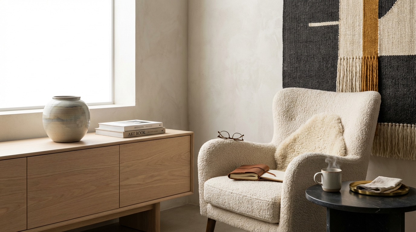 Cozy living room corner with a white textured armchair, a small black side table with a steaming mug and a tray with napkins, a wooden sideboard with a ceramic vase and books, and a wall hanging behind the chair.