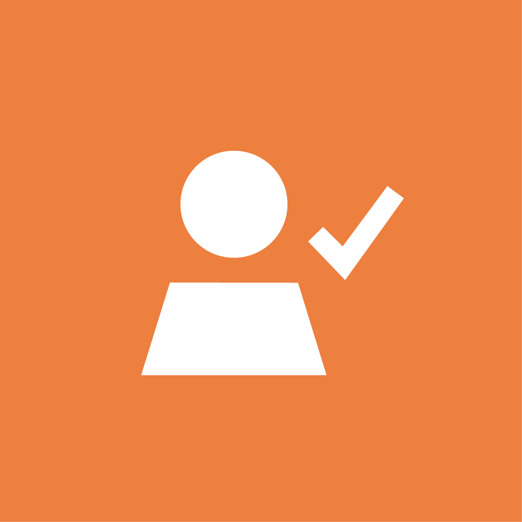 White icon of a person with a checkmark on an orange background.