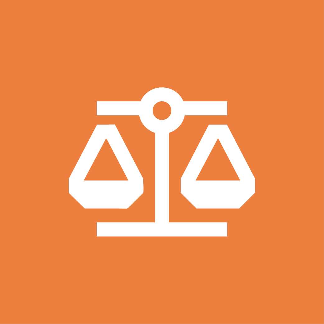 Icon of a balance scale on an orange background.
