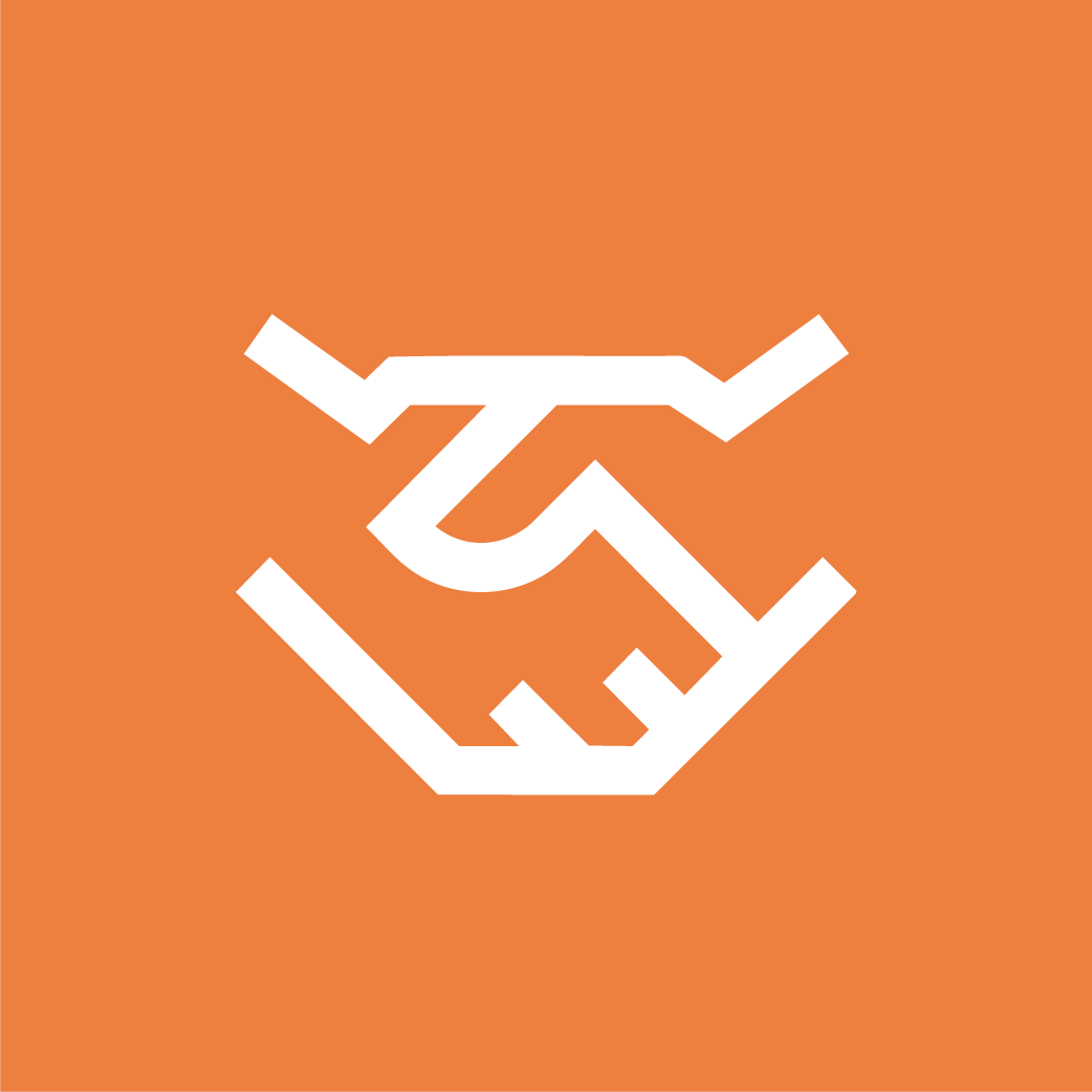 White outline of a handshake inside a stylized geometric shape on an orange background.
