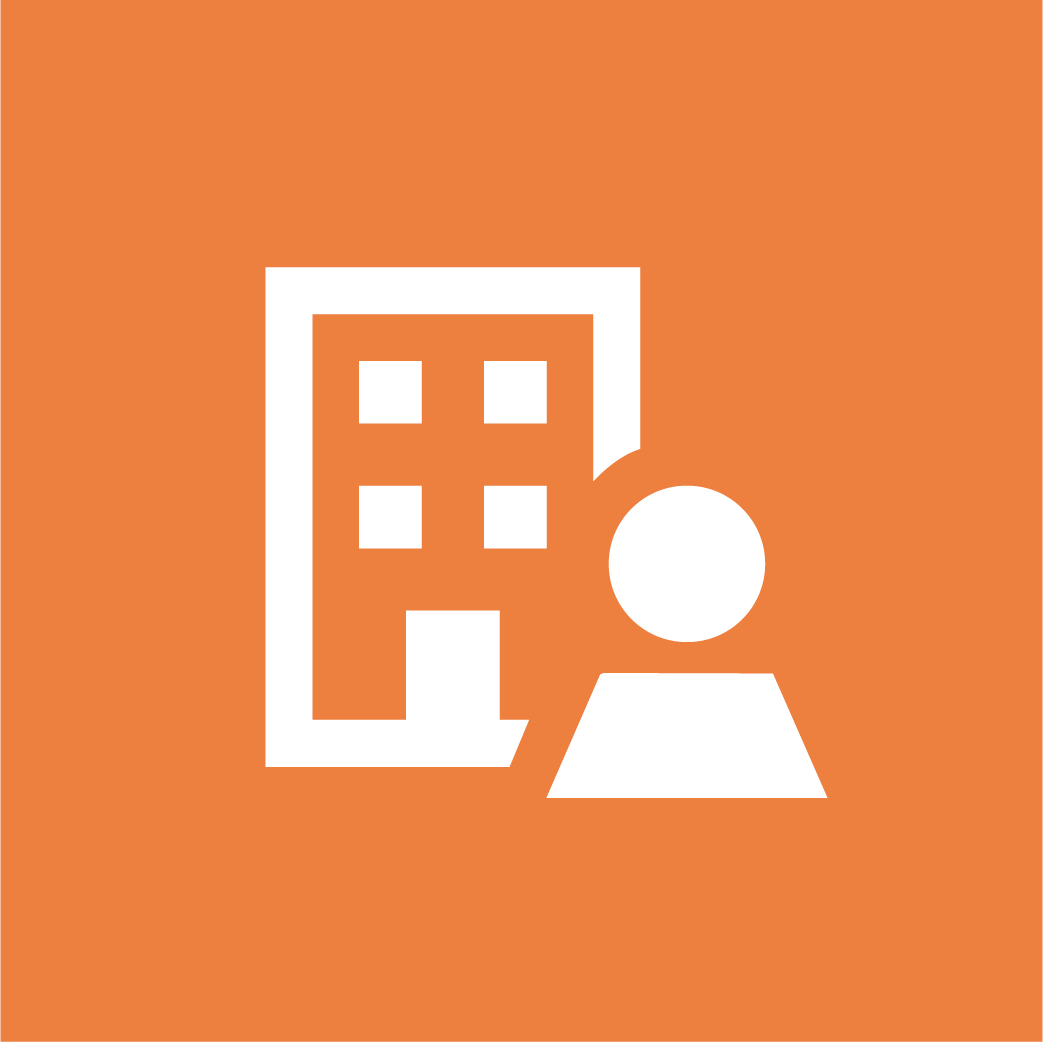 Icon of a building and a person on an orange background.