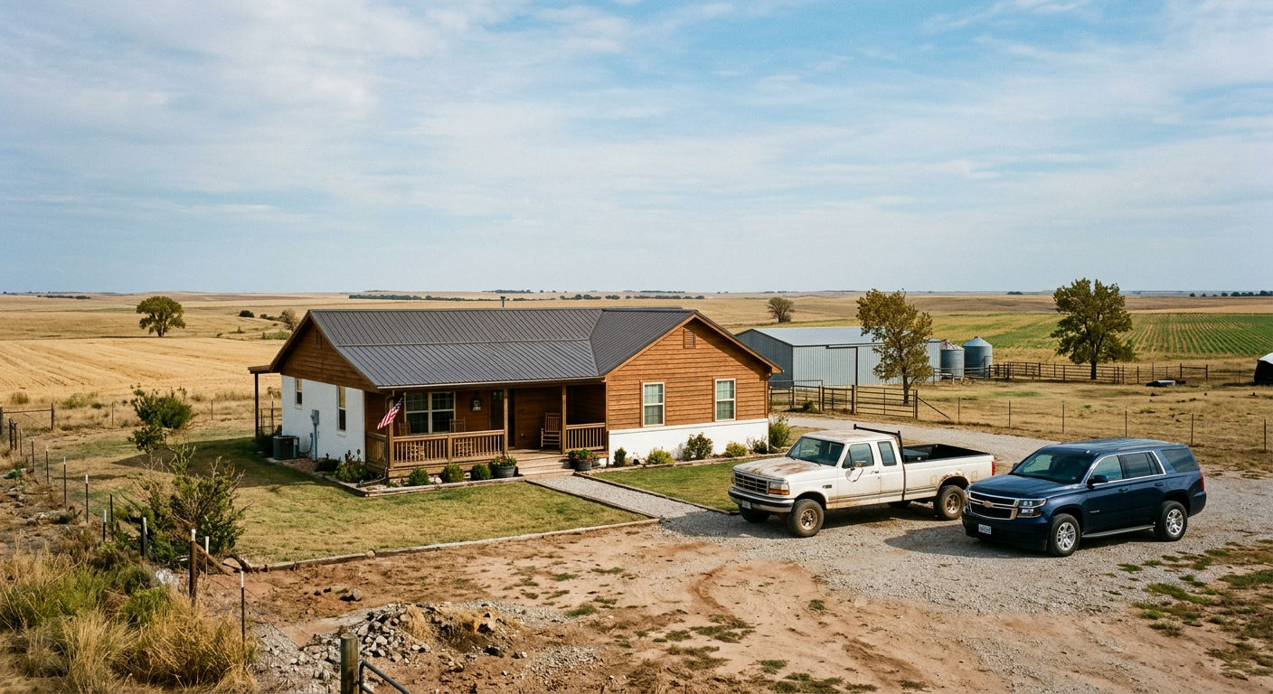 A rural house with a porch, two trucks parked in front, and a barn in the background, surrounded by open fields and a few trees.