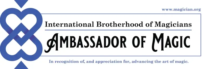 Logo for the International Brotherhood of Magicians, Ambassador of Magic, with a blue knot symbol and website link, recognizing and celebrating magic.
