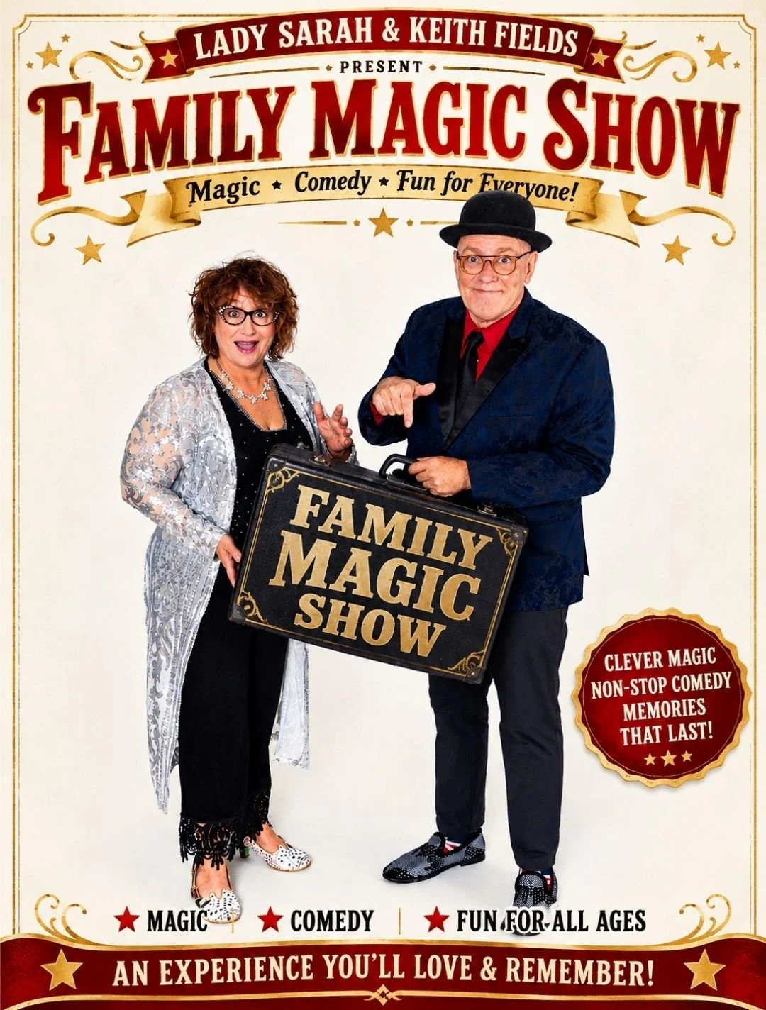 A promotional poster for a family magic show featuring a woman with curly hair and glasses, and a man with a hat and glasses, holding a sign that says "Family Magic Show." The poster emphasizes magic, comedy, and fun for all ages, with text highlighting memorable moments and an overall entertaining experience.