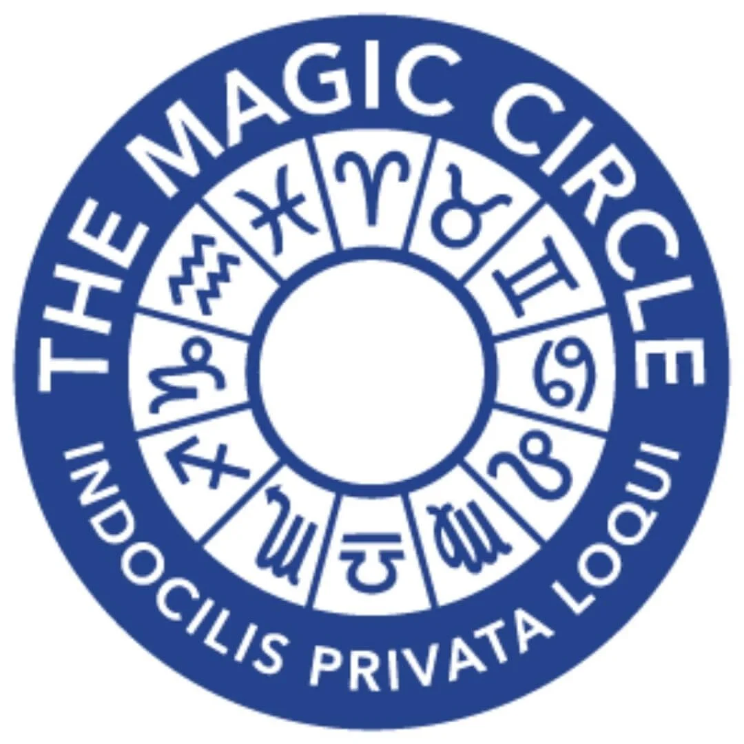 A blue circular logo with the words 'The Magic Circle' and 'Indocilis Privata Loquur.' The inner circle contains the 12 zodiac signs arranged around the center.