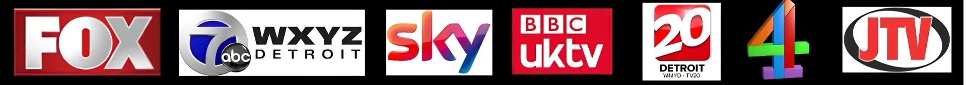 Logos of various television networks, including FOX, WXYZ Detroit, Sky, BBC UKTV, WDIV Detroit, 4, and JTV.