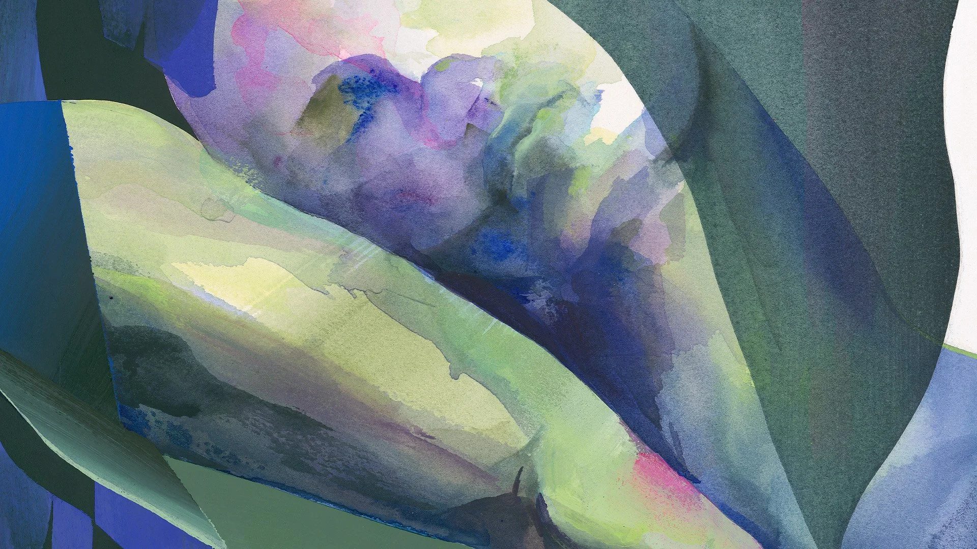Extrait de la peinture Ma nature n°6, comportant des formes fluides en nuances de vert, bleu, violet et quelques touches de rose, évoquant un portrait et des formes naturelles ou organiques.