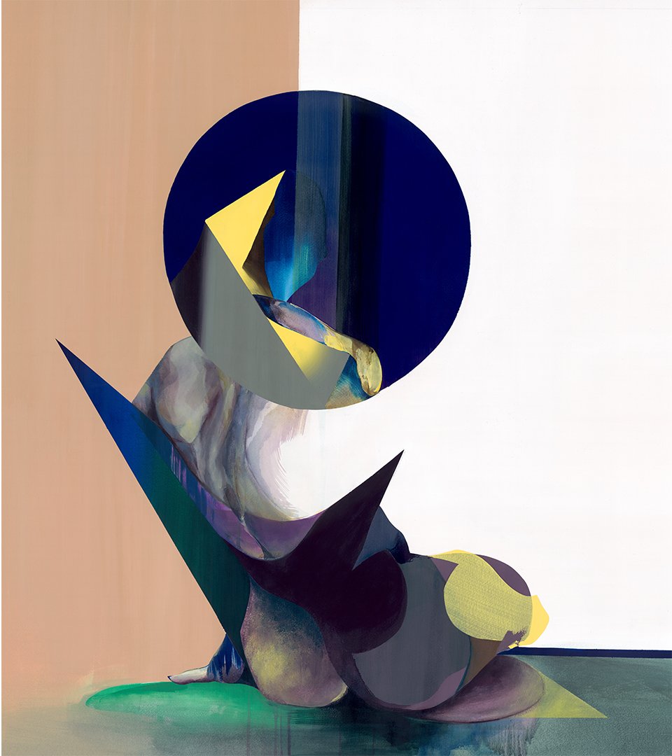 Peinture "dans mes rêves" représentant un corps composée de formes géométriques colorées, avec un cercle noir en haut qui couvre partiellement une forme visage.